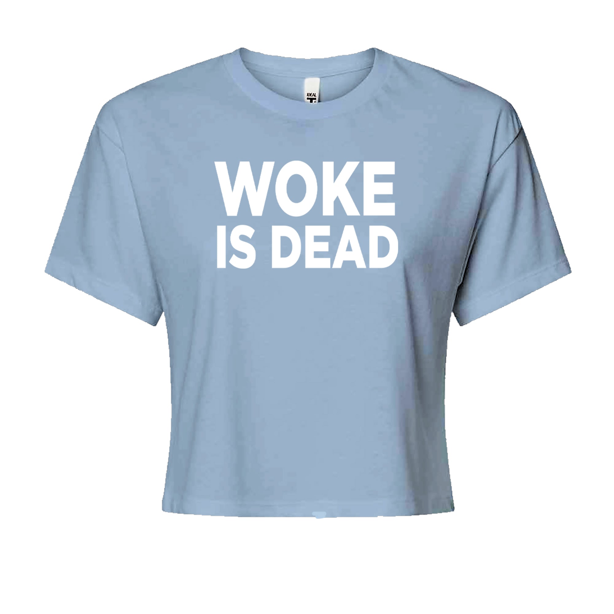 Woke Is Dead Satire Cropped T-Shirt Light Blue