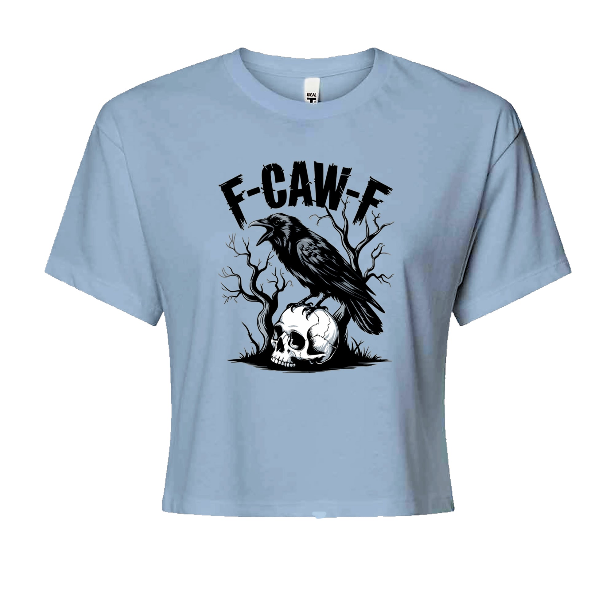 F-Caw-F Crow On Skull F-ck Off Gothic Cropped T-Shirt Light Blue