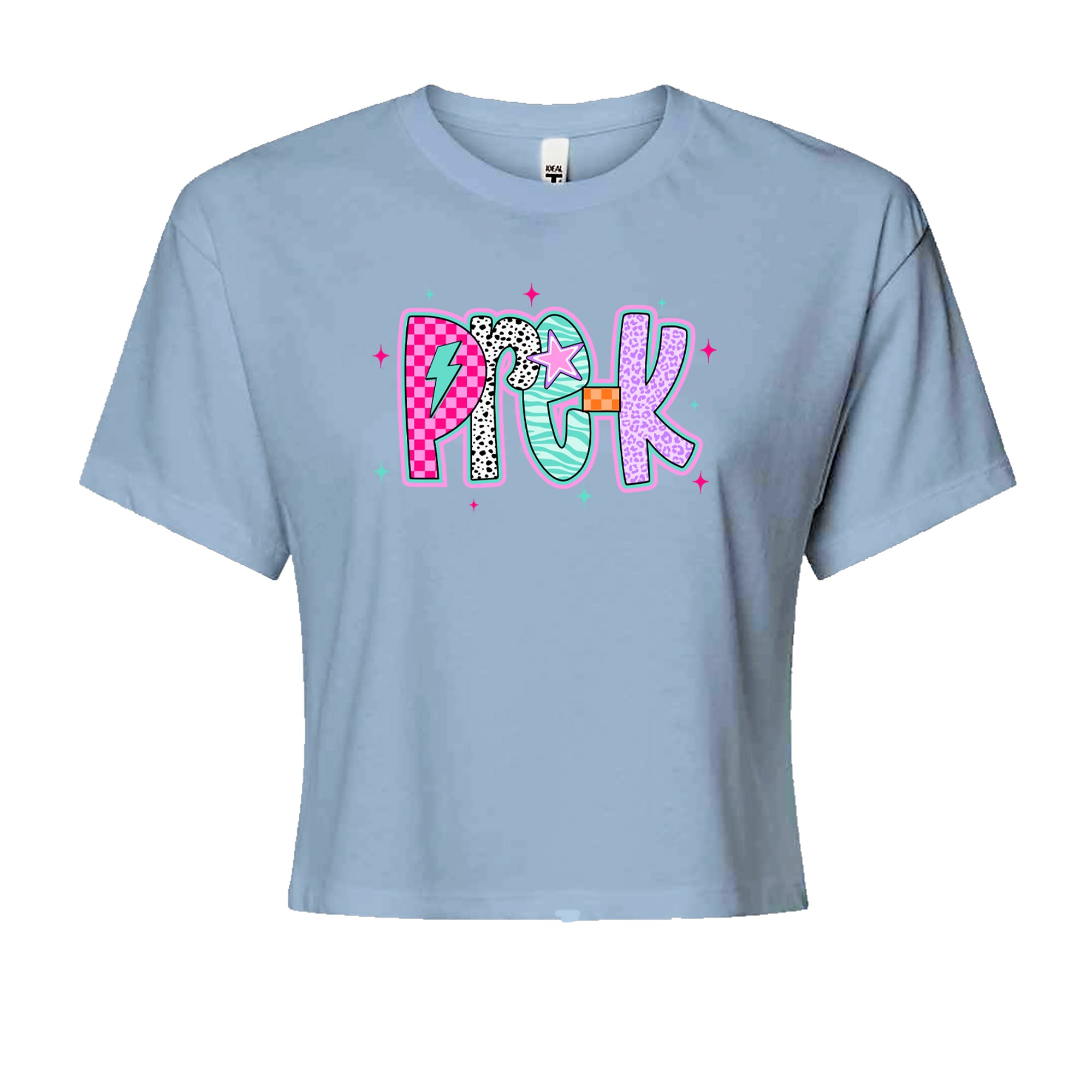 Pre-K Party Time Colorful Back to School Cropped T-Shirt Light Blue