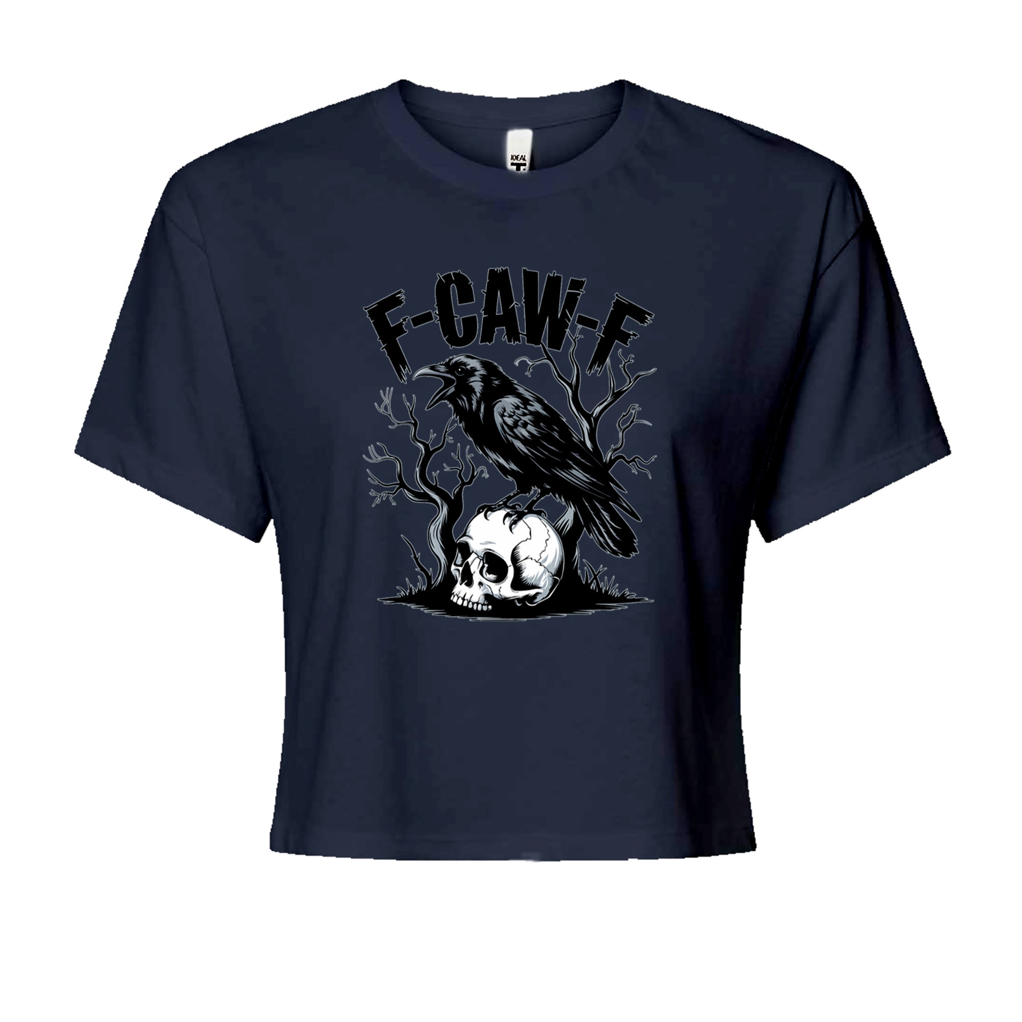 F-Caw-F Crow On Skull F-ck Off Gothic Cropped T-Shirt Navy Blue