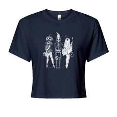 Vintage Spooky Squad Pinup Halloween Design Cropped T-Shirt Navy Blue