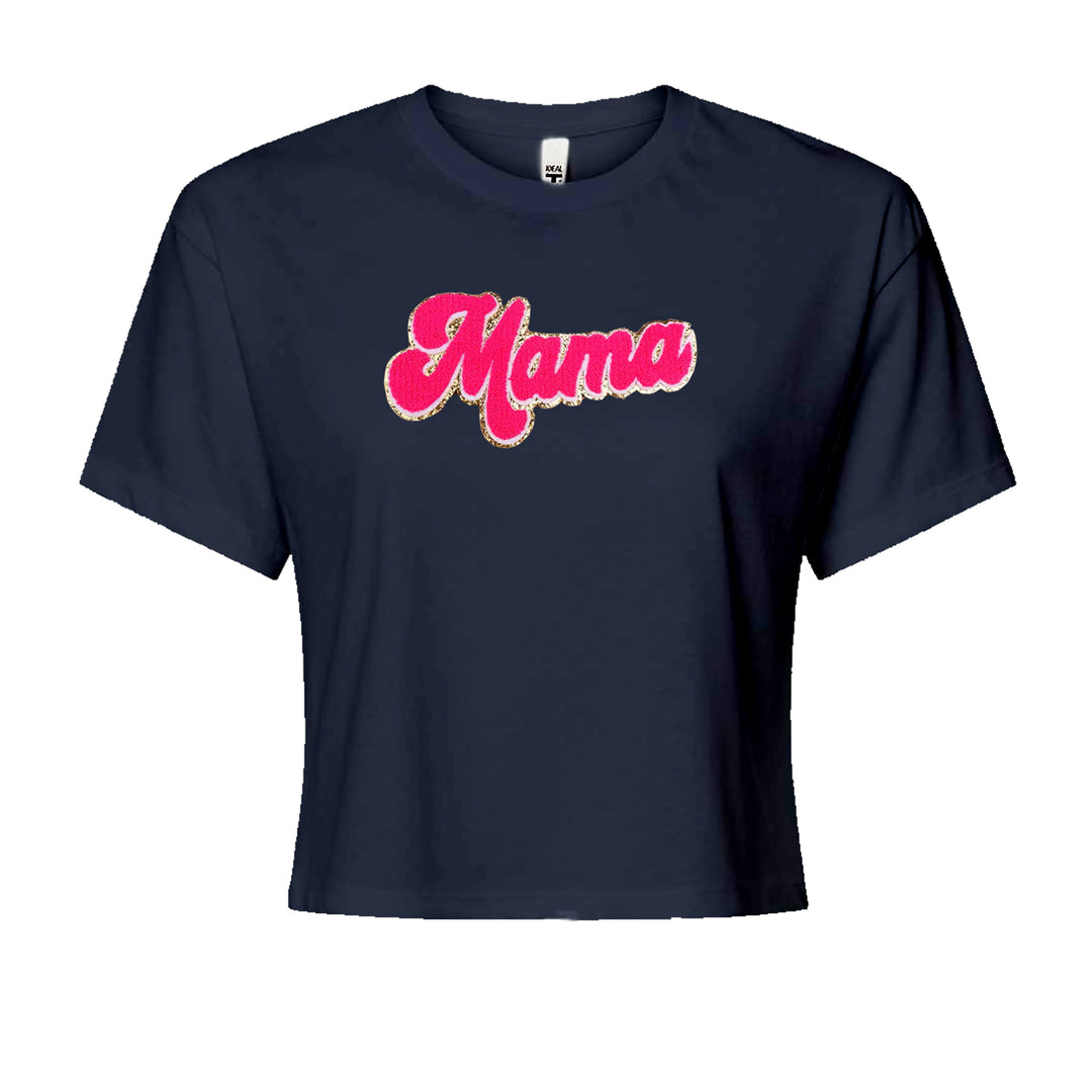 Mama Hot Pink Glitter Chenille Patch Cropped T-Shirt Navy Blue
