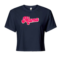 Mama Hot Pink Glitter Chenille Patch Cropped T-Shirt Navy Blue