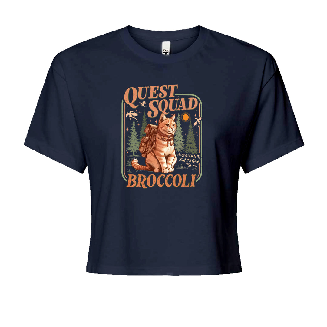 Quest Squad Broccoli Cat Fantasy Reader  Cropped T-Shirt Navy Blue
