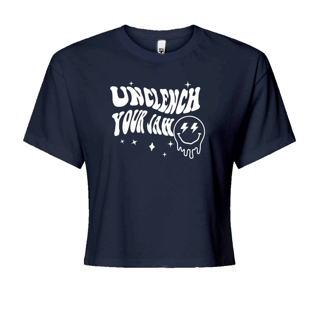 Unclench Your Jaw Festival Rave EDM Cropped T-Shirt Navy Blue