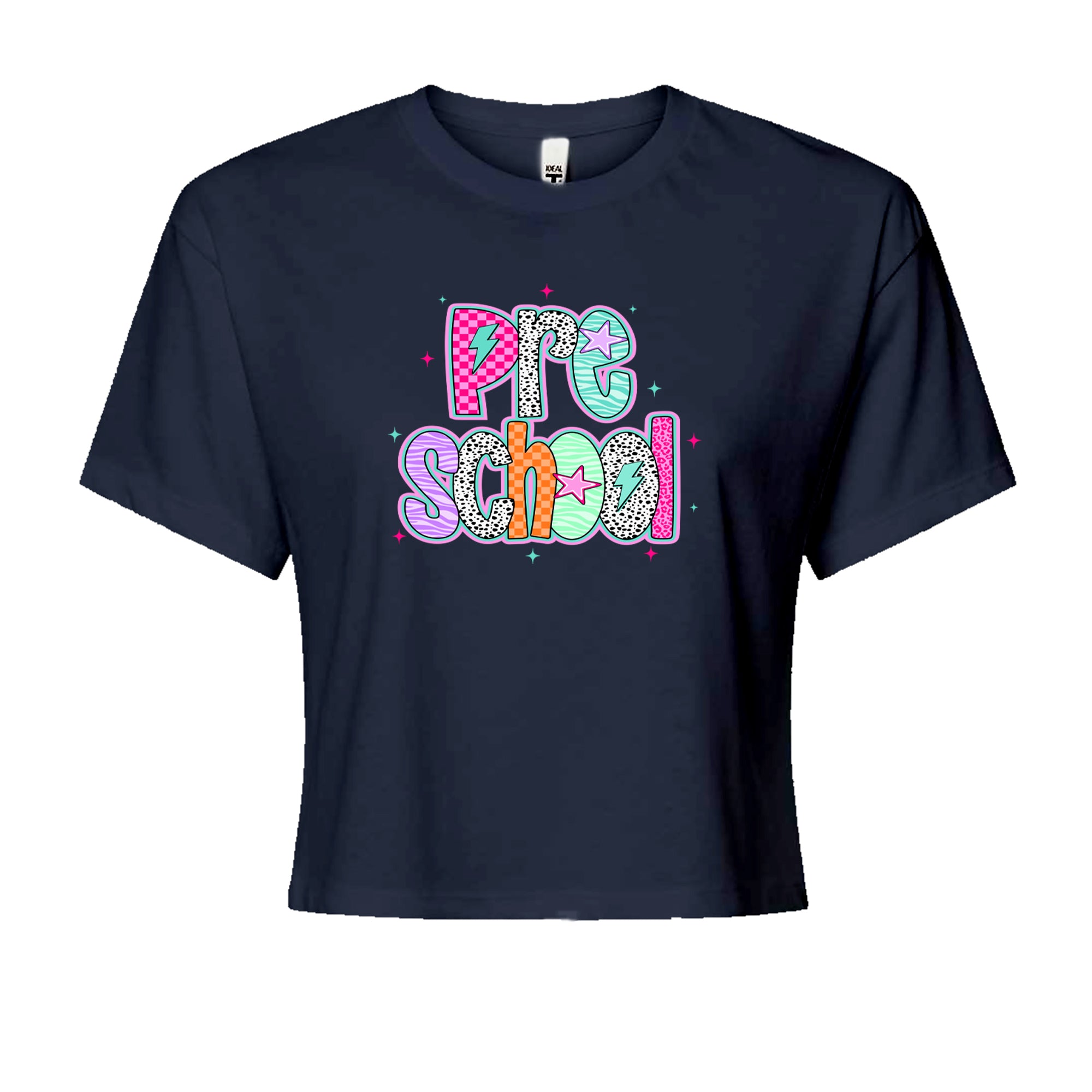 Preschool Power Colorful Back to School Cropped T-Shirt Navy Blue