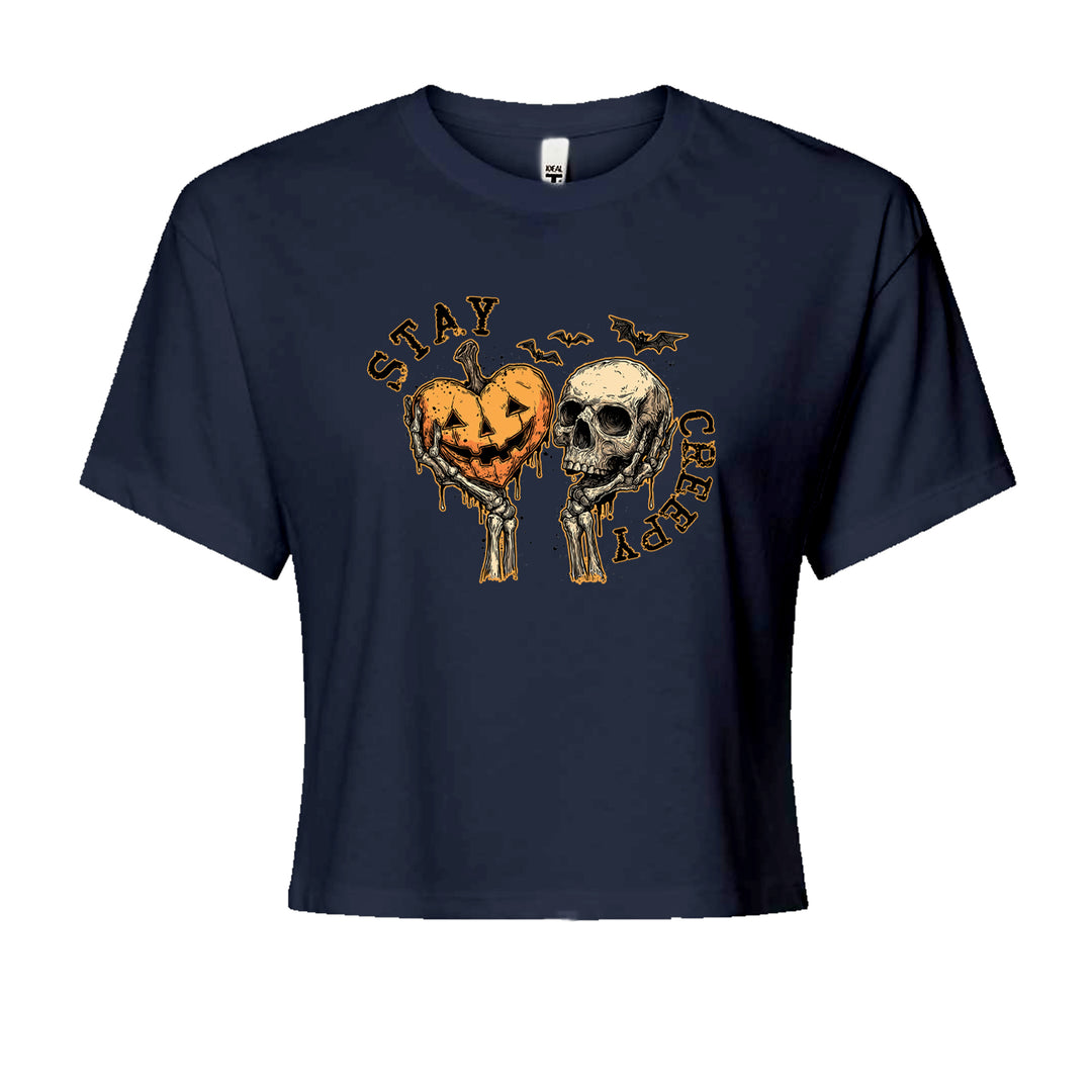 Stay Creepy Skull and Pumpkin Halloween Cropped T-Shirt Navy Blue