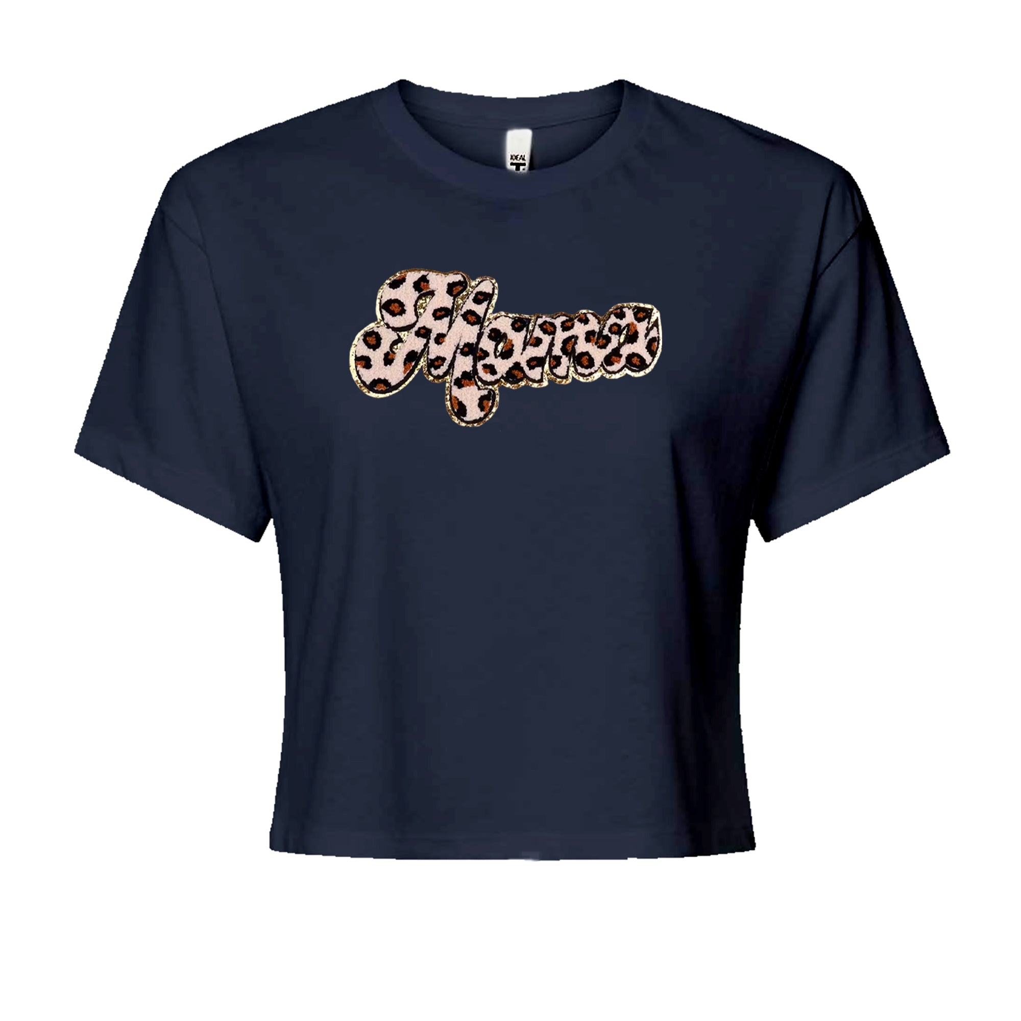 Mama Cheetah Print Glitter Chenille Patch Cropped T-Shirt Navy Blue