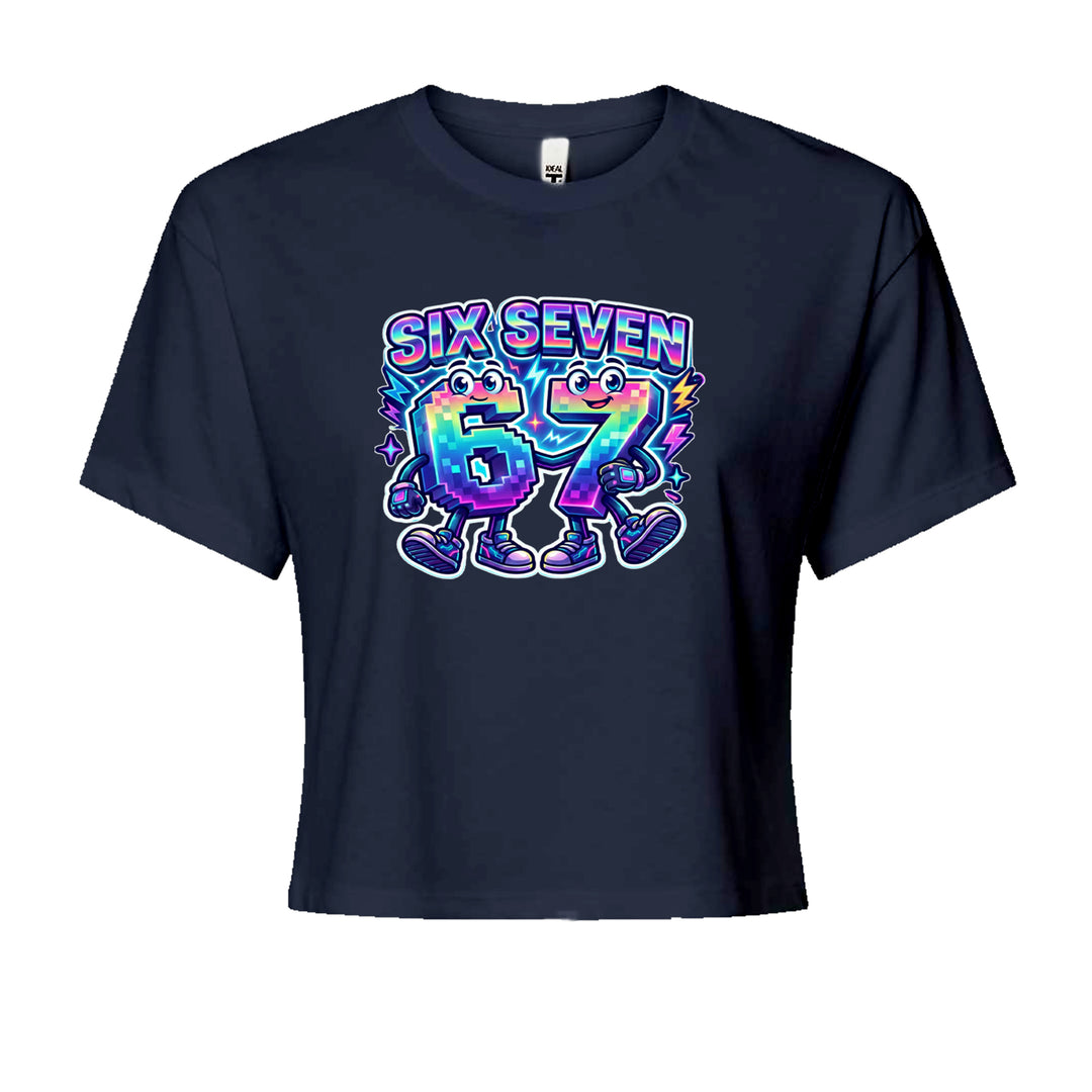 Six Seven 67 Retro Pixel Buddies Cropped T-Shirt Navy Blue