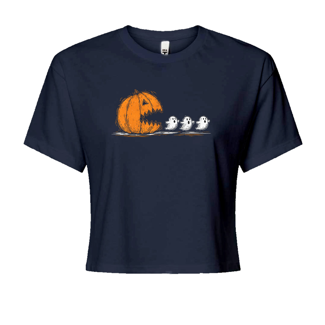 Pumpkin Pacman Chasing Ghosts Halloween Cropped T-Shirt Navy Blue