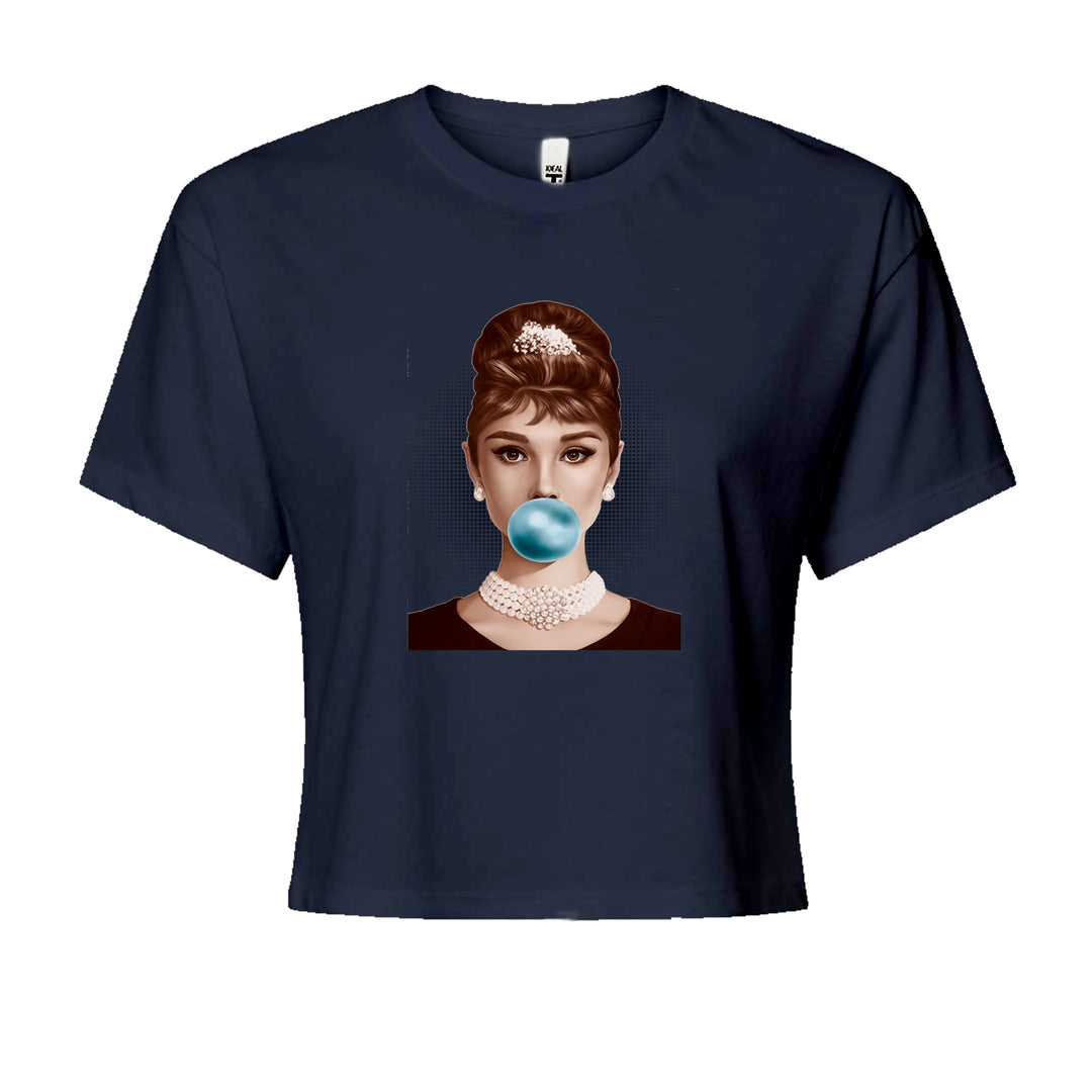 Audrey Hepburn Chewing Bubble Gum American Icon Cropped T-Shirt Navy Blue