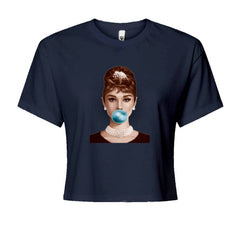 Audrey Hepburn Chewing Bubble Gum American Icon Cropped T-Shirt Navy Blue
