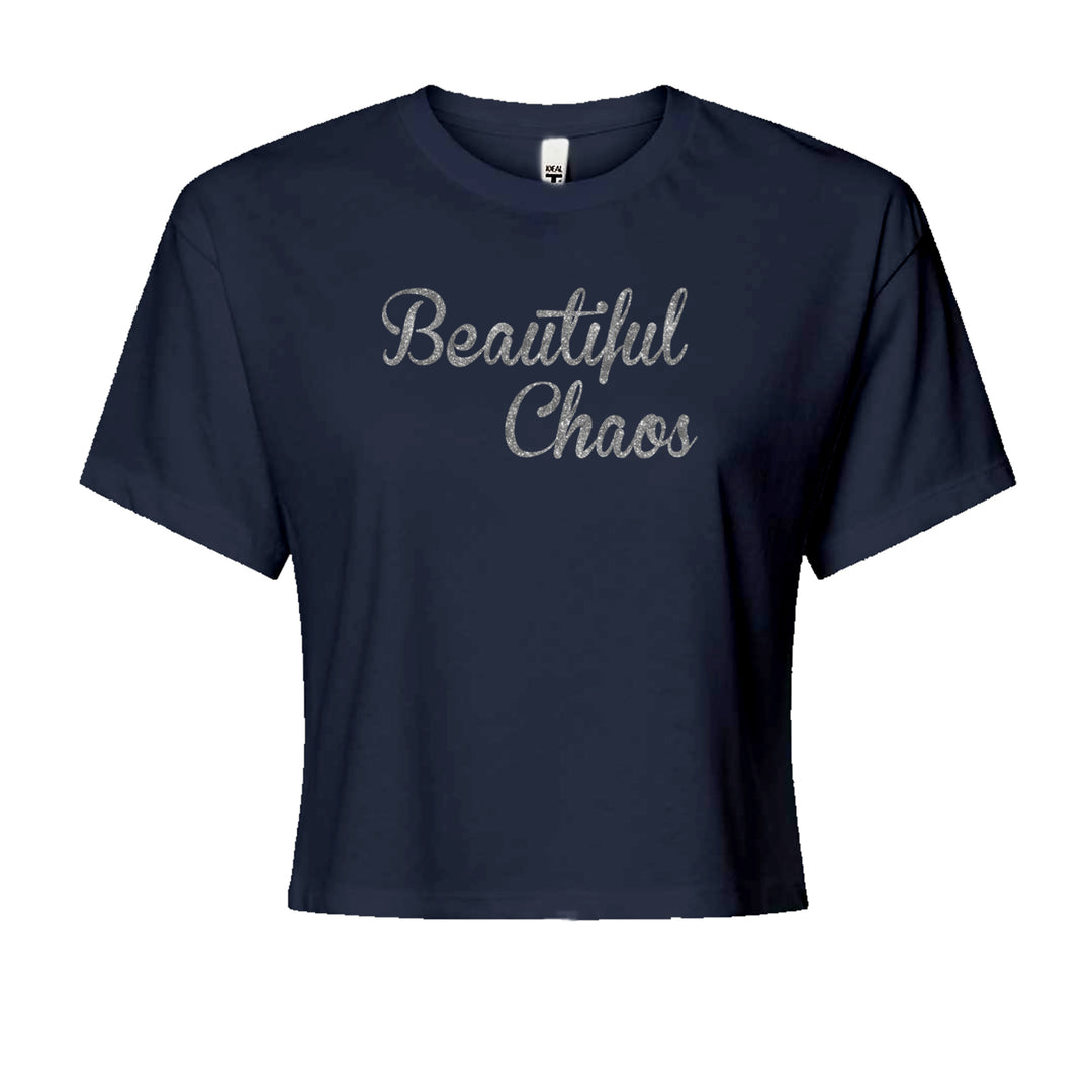 Beautiful Chaos Glitter Music Festival Cropped T-Shirt Navy Blue