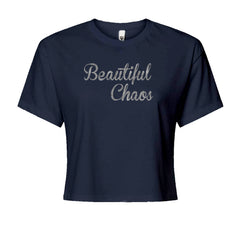 Beautiful Chaos Glitter Music Festival Cropped T-Shirt Navy Blue