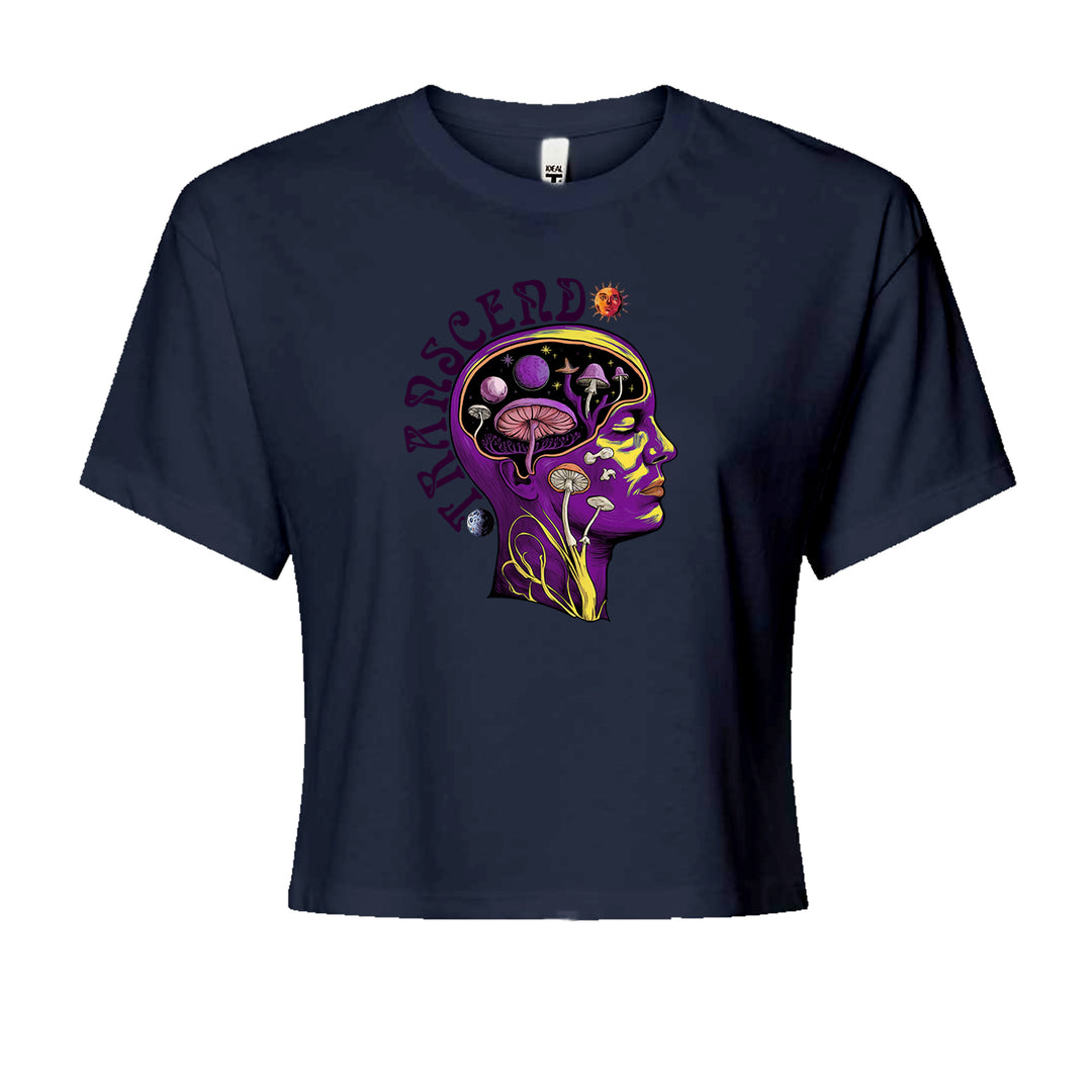 Psychedelic Cosmic Mushroom Head Cropped T-Shirt Navy Blue