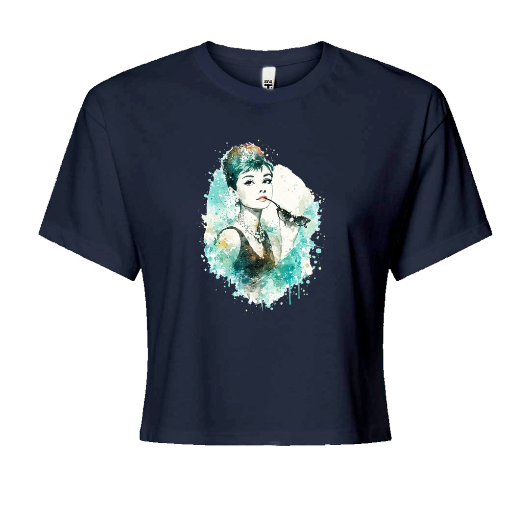 Mrs. Herpburn Iconic Watercolors Cropped T-Shirt Navy Blue