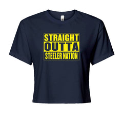 Straight Outta Steeler Nation Football graphic on Women's Boxy Crop T-Shirt in Navy Blue