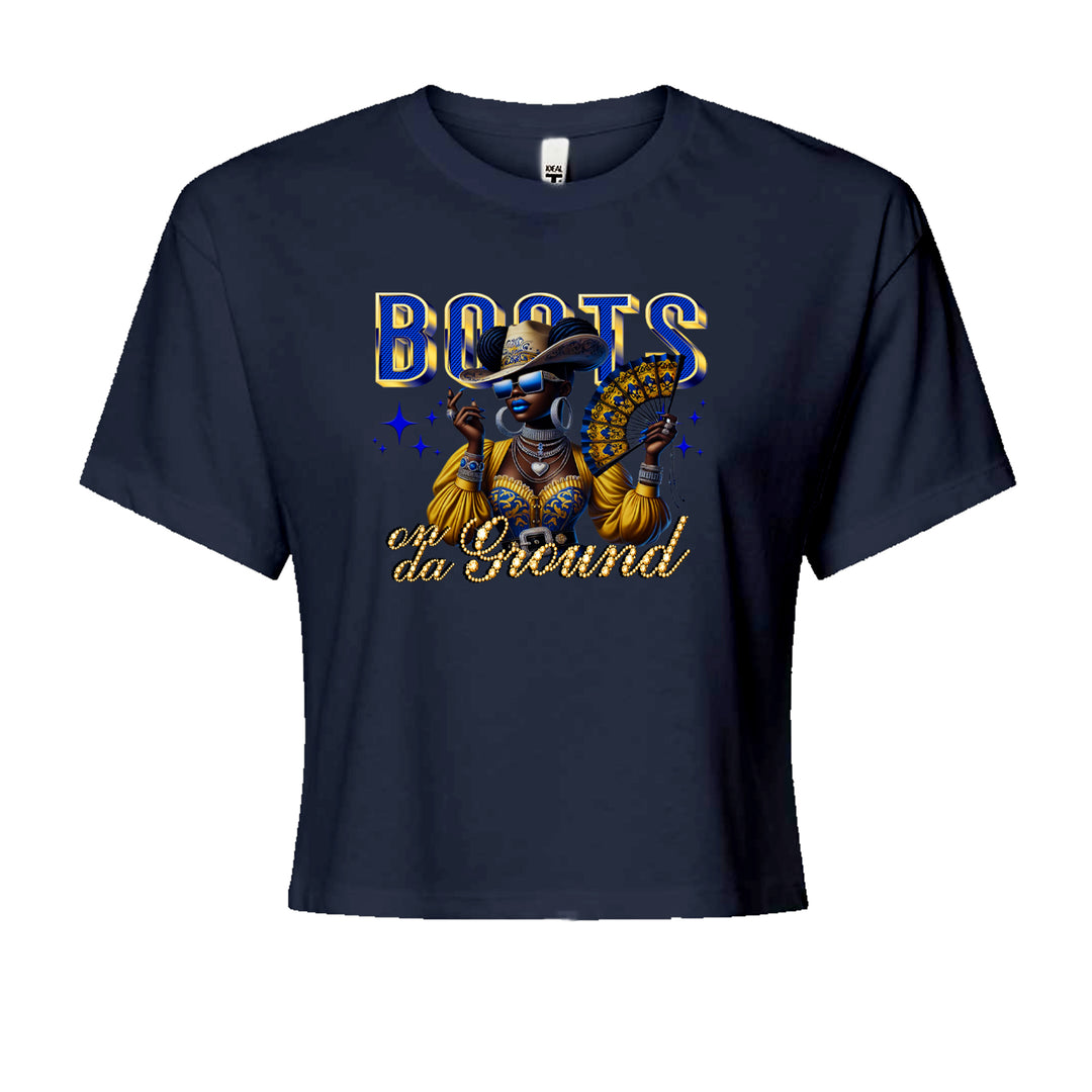 Boots On Da Ground Folding Fan Cropped T-Shirt Navy Blue