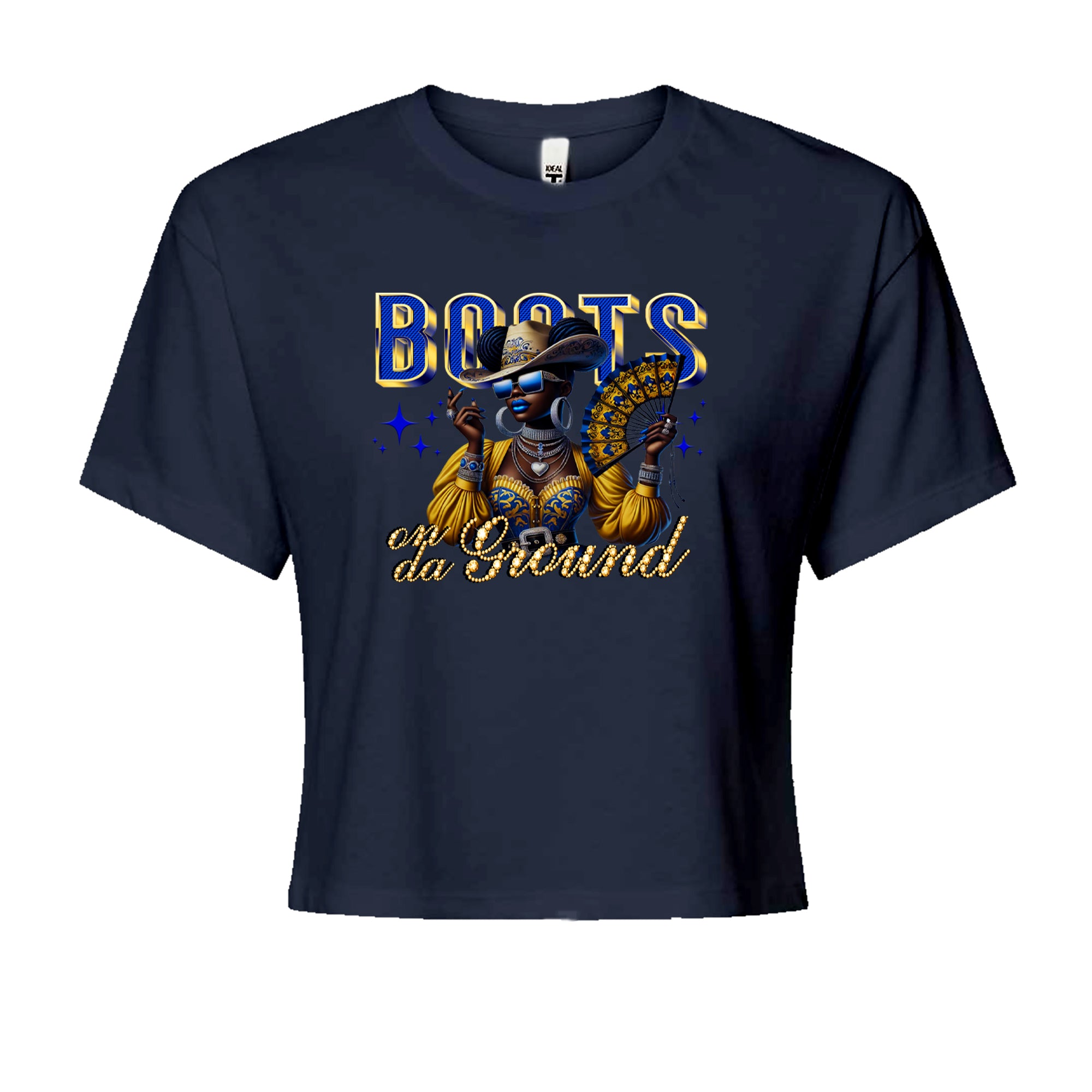 Boots On Da Ground Folding Fan Cropped T-Shirt Navy Blue