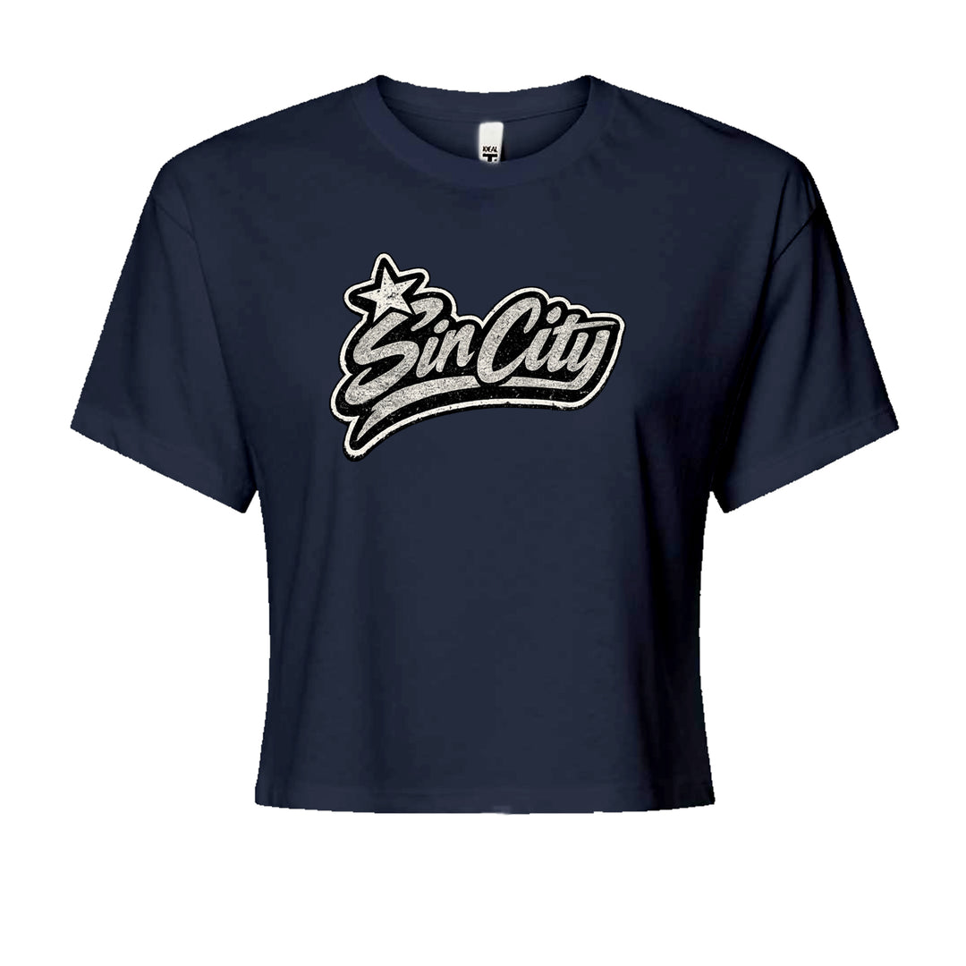 Sin City Vegas Retro Vintage Cropped T-Shirt Navy Blue