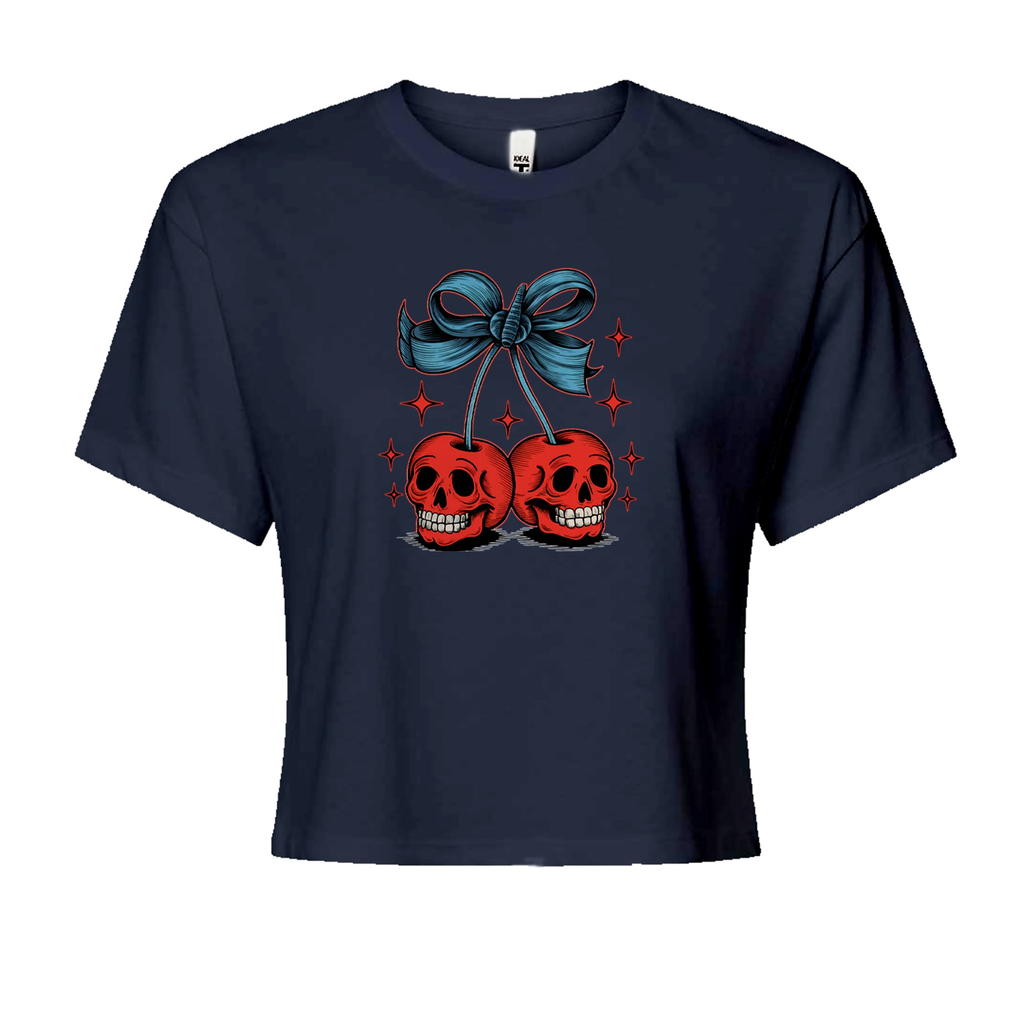 Cherry Skulls Retro Tattoo Cropped T-Shirt Navy Blue