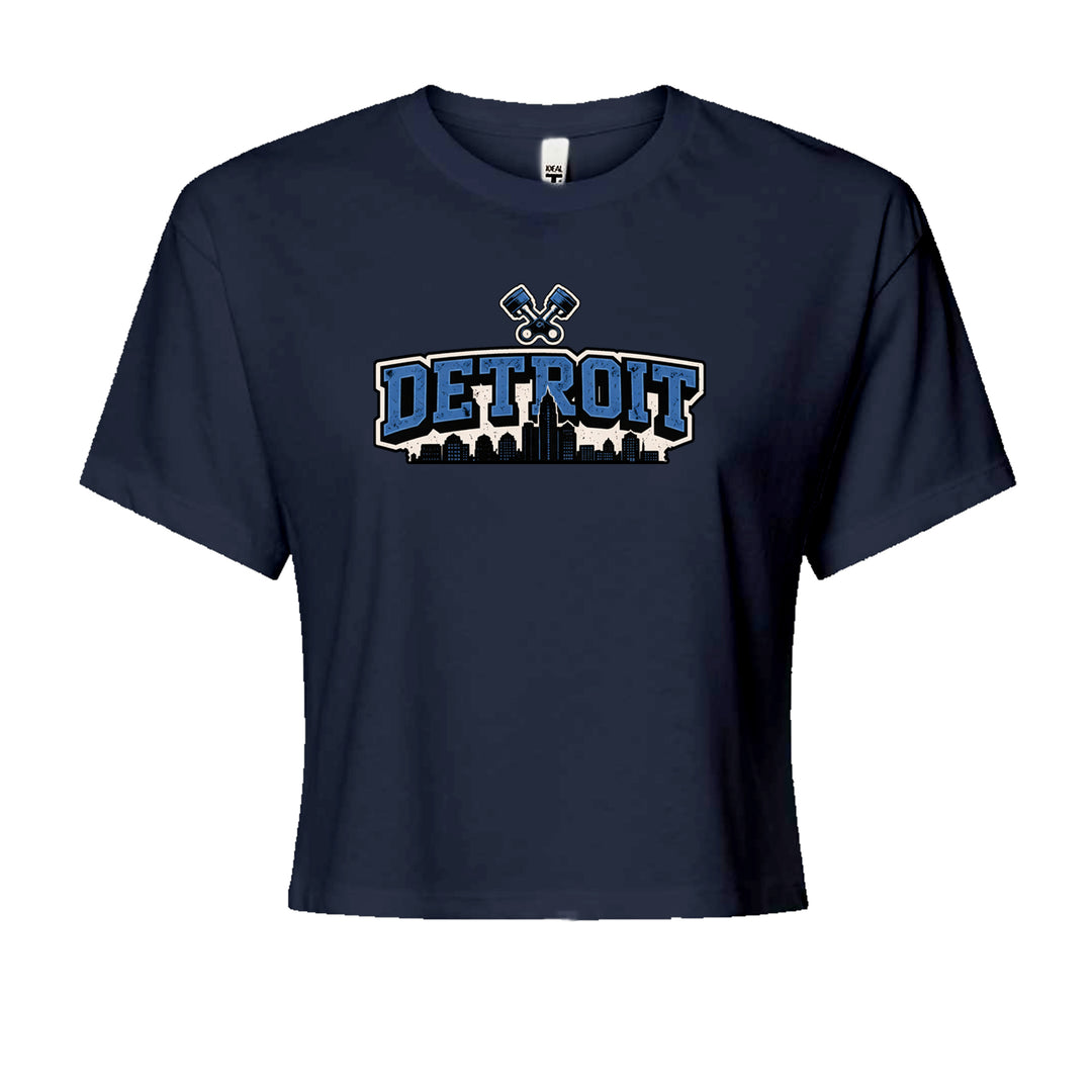 Detroit Motor City Retro Piston Cropped T-Shirt Navy Blue