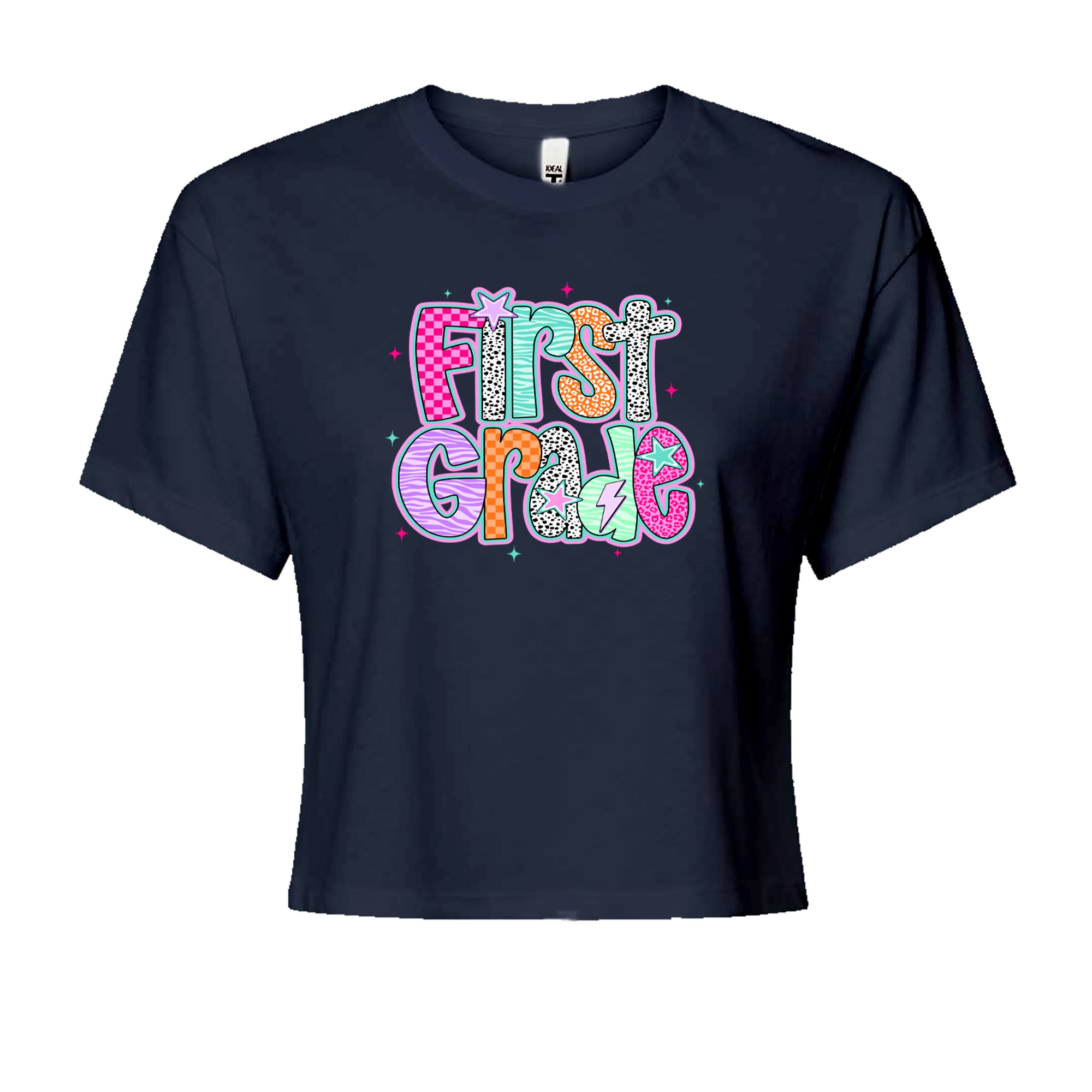 First Grade Vibes Colorful Back to School Cropped T-Shirt Navy Blue