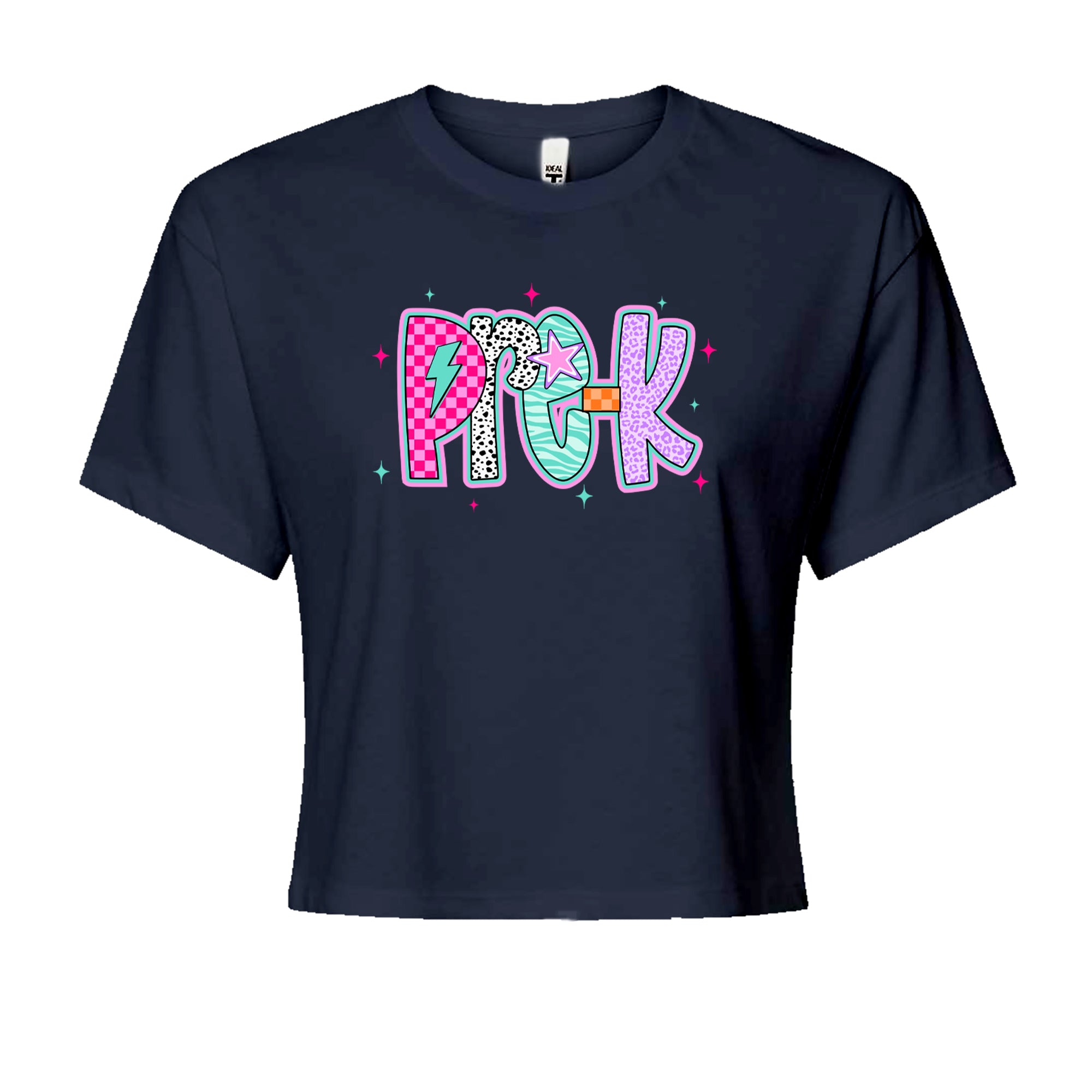 Pre-K Party Time Colorful Back to School Cropped T-Shirt Navy Blue
