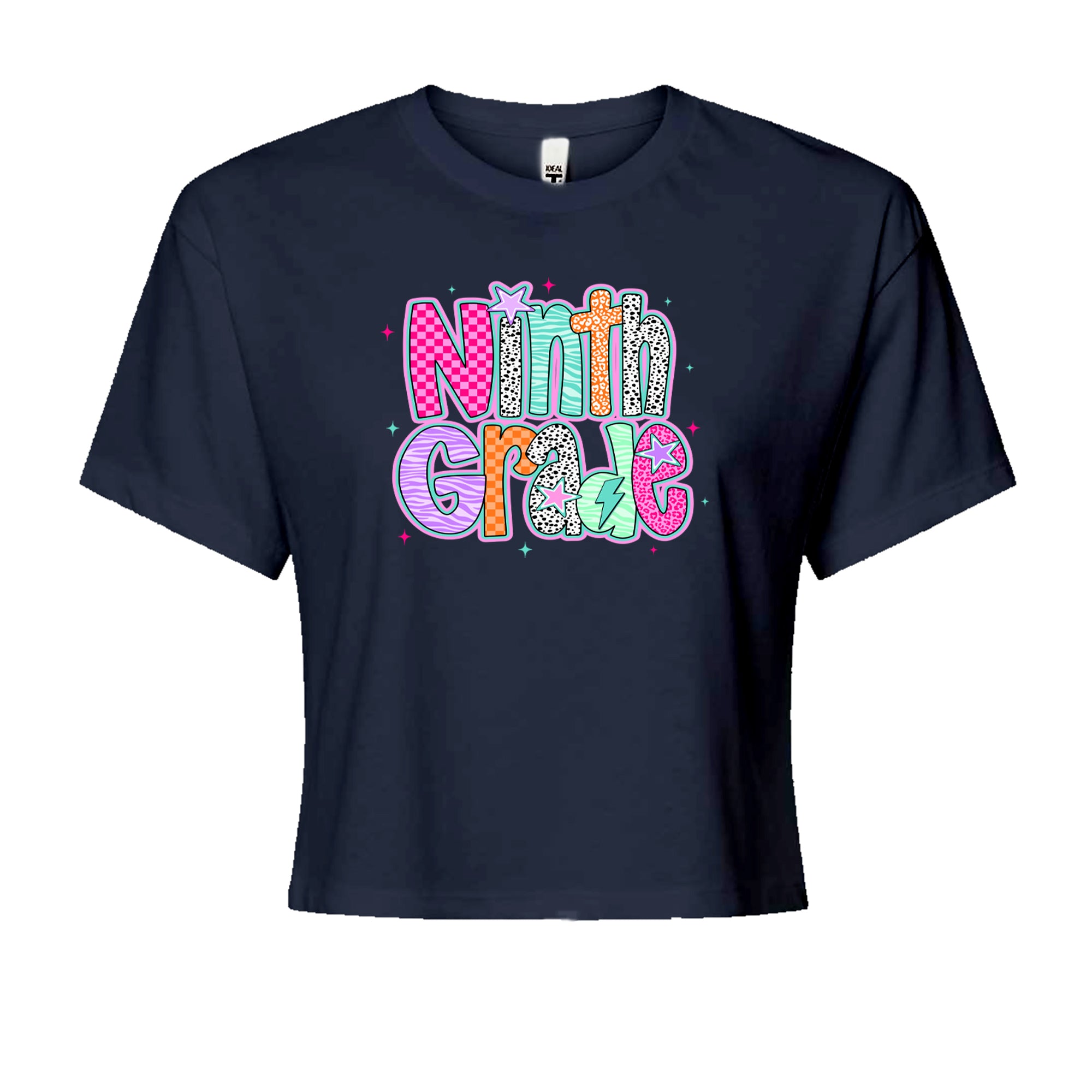Ninth Grade Freshman Vibes Colorful Back to School Cropped T-Shirt Navy Blue