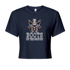 Boots On The Ground Bling Cropped T-Shirt Navy Blue