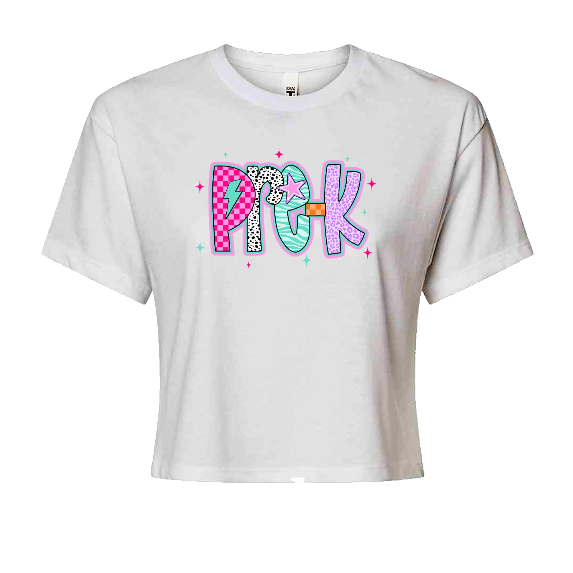 Pre-K Party Time Colorful Back to School Cropped T-Shirt White