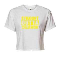 Straight Outta Steeler Nation Football graphic on Women's Boxy Crop T-Shirt in White