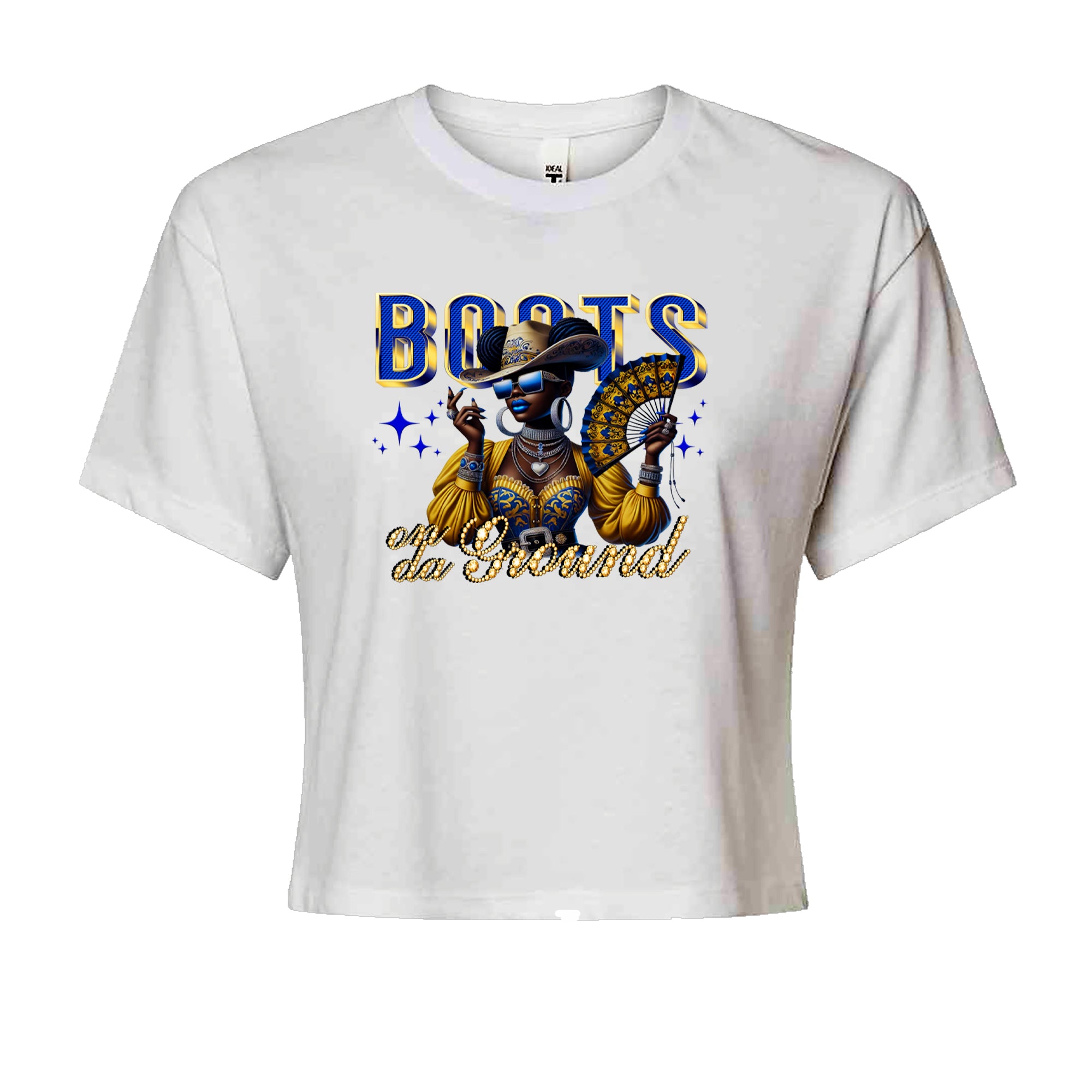 Boots On Da Ground Folding Fan Cropped T-Shirt White