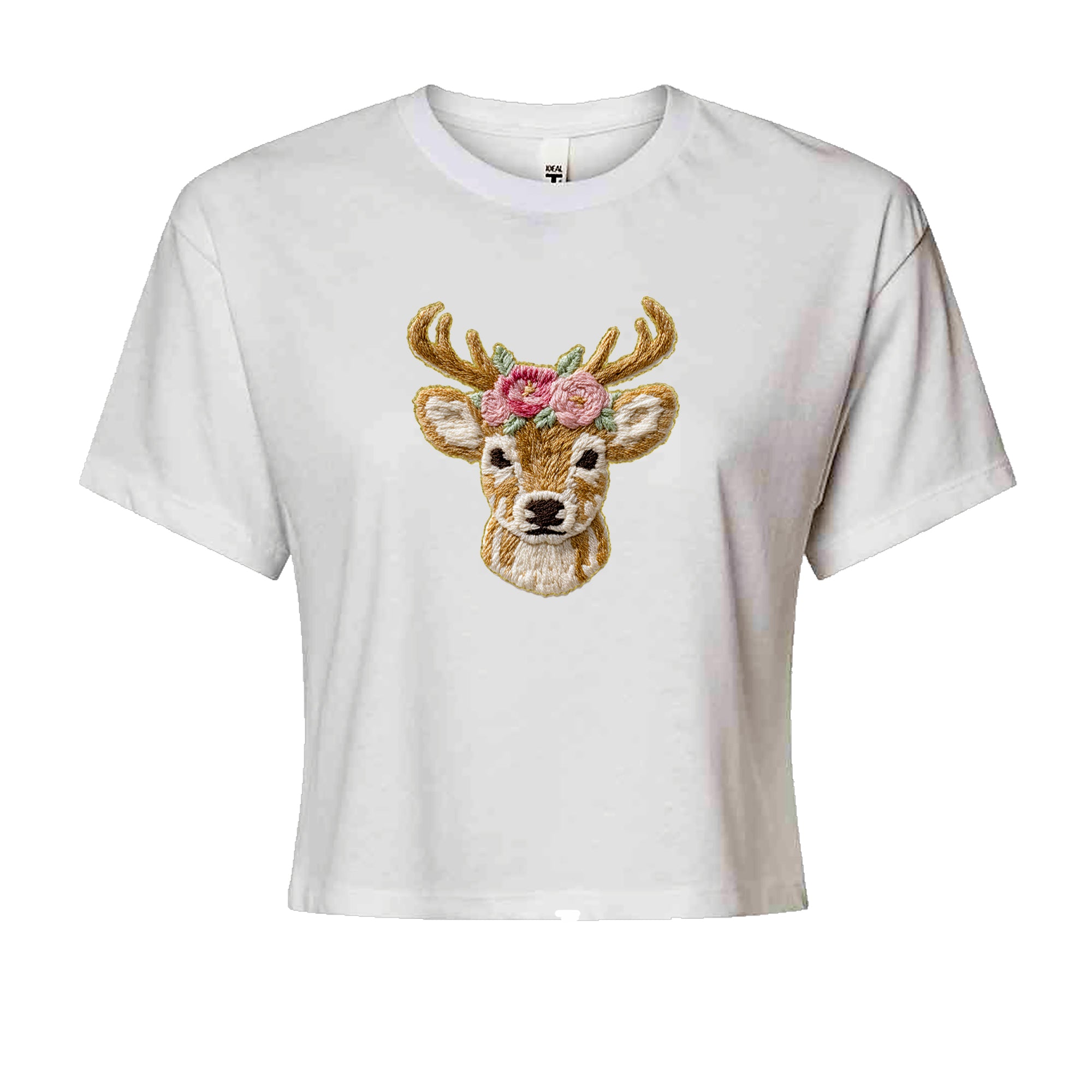 Vintage Reindeer Embroidery Art Soft Cottagecore Cropped T-Shirt White