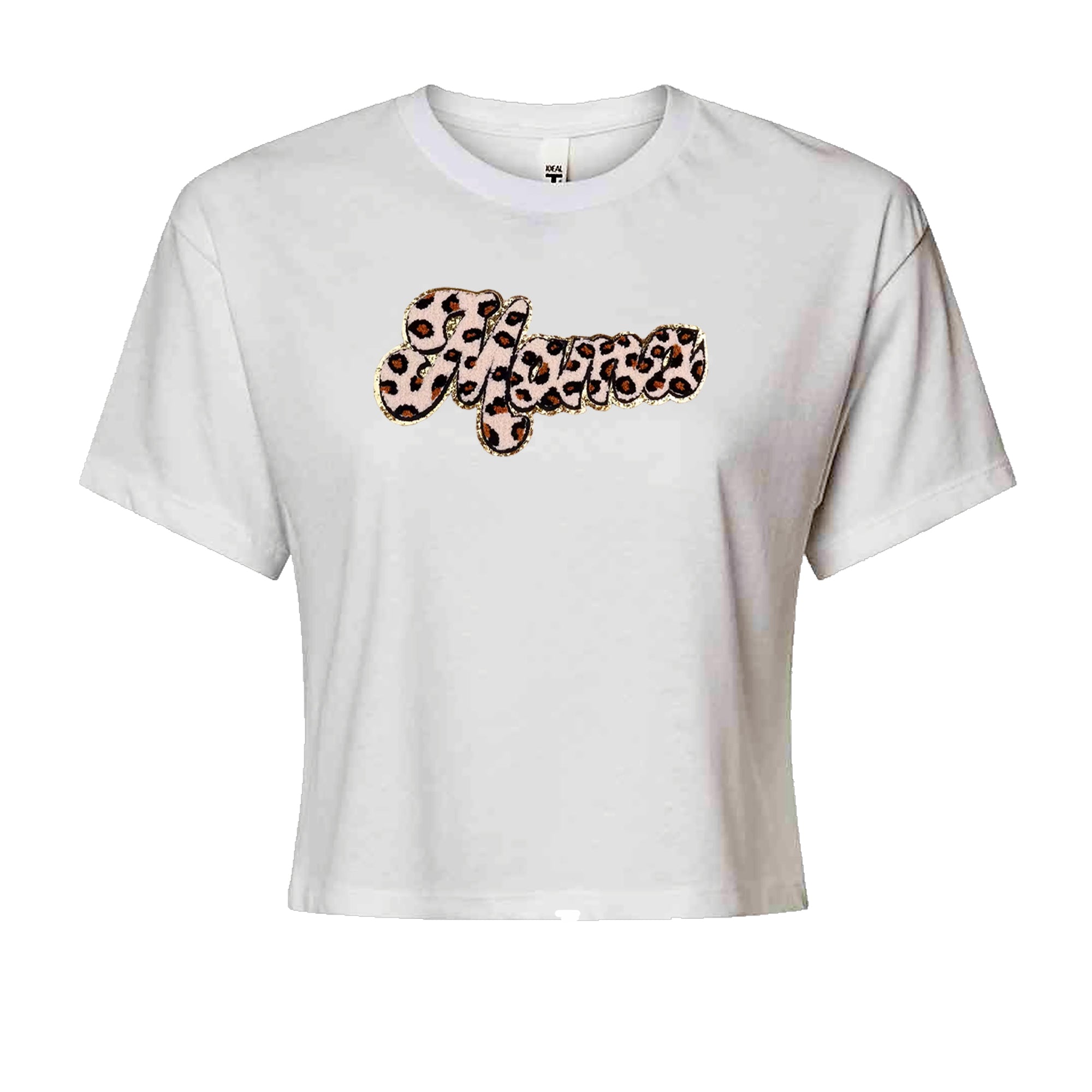 Mama Cheetah Print Glitter Chenille Patch Cropped T-Shirt White
