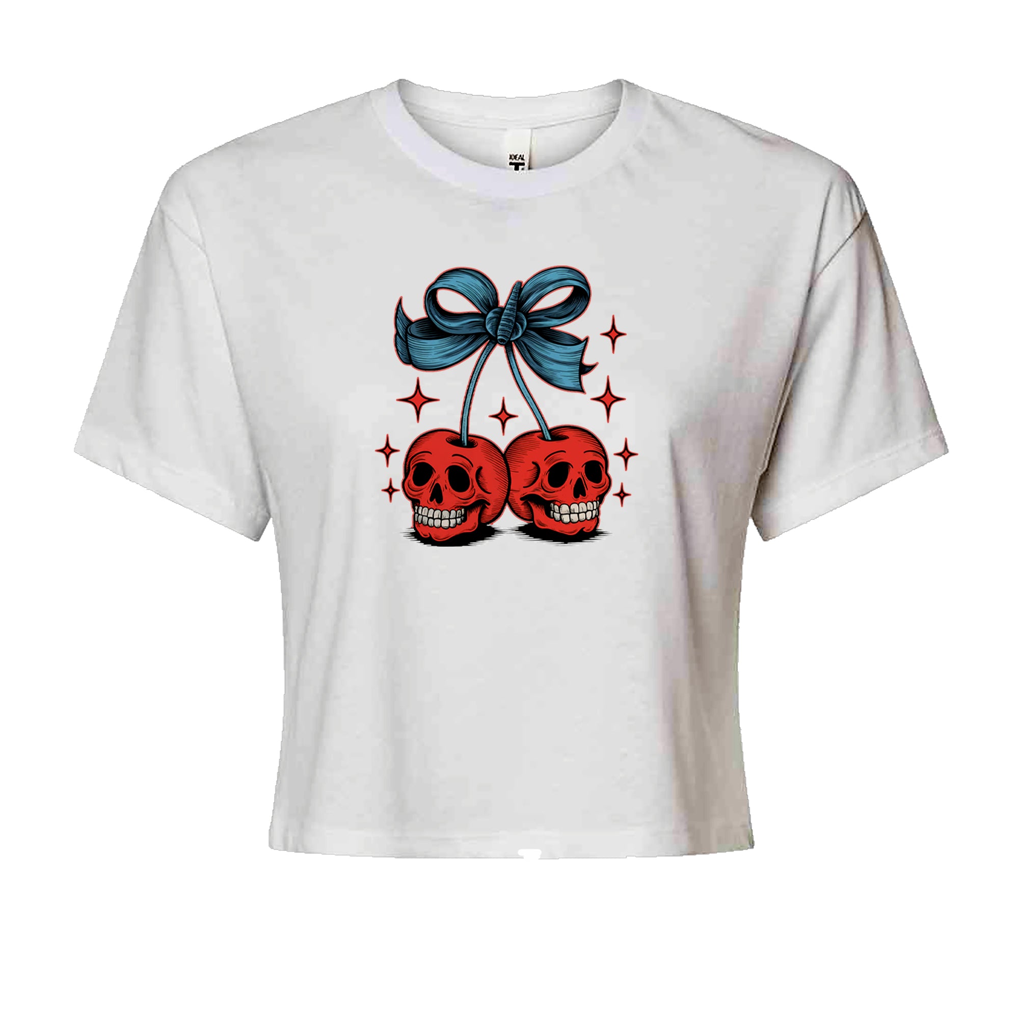 Cherry Skulls Retro Tattoo Cropped T-Shirt White