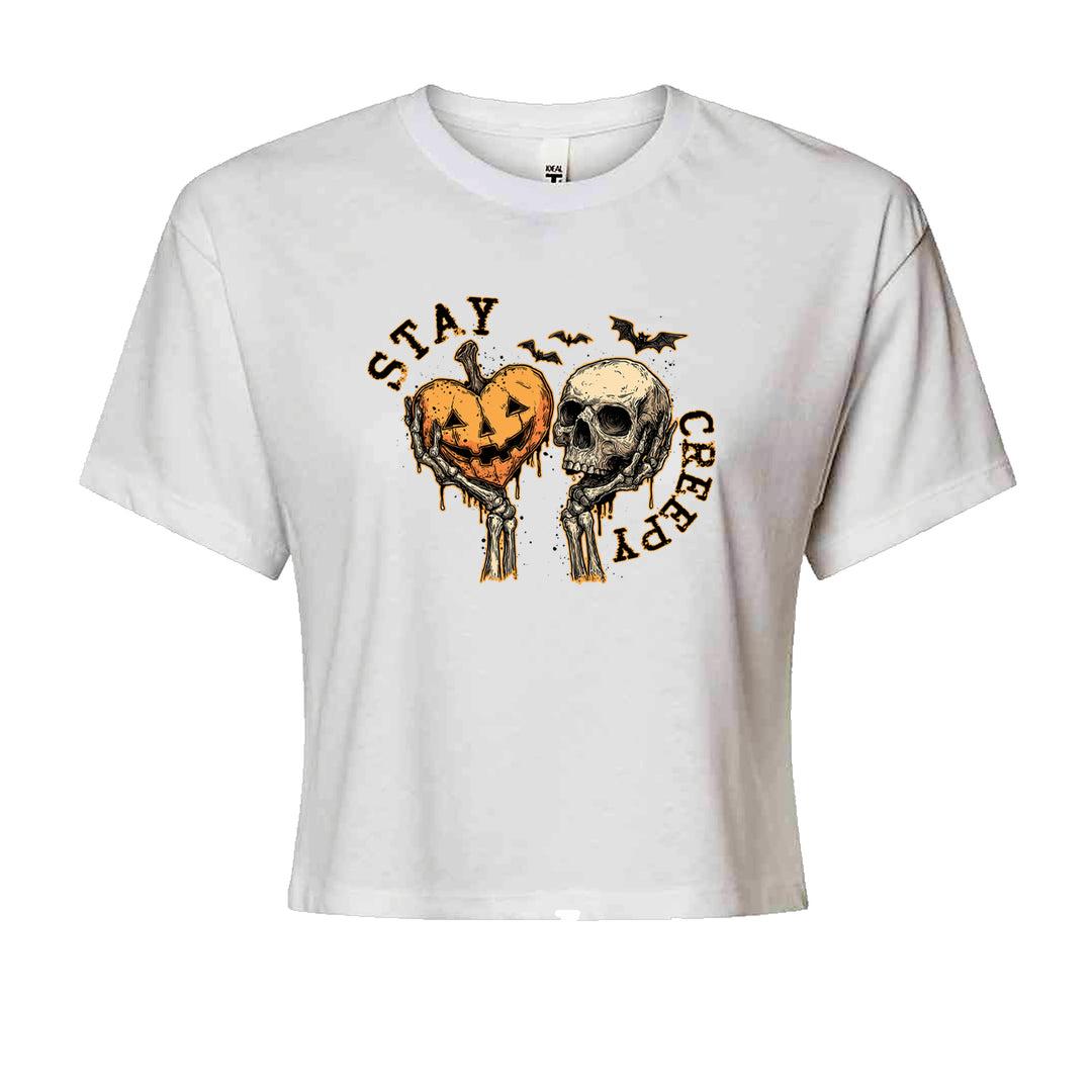 Stay Creepy Skull and Pumpkin Halloween Cropped T-Shirt White