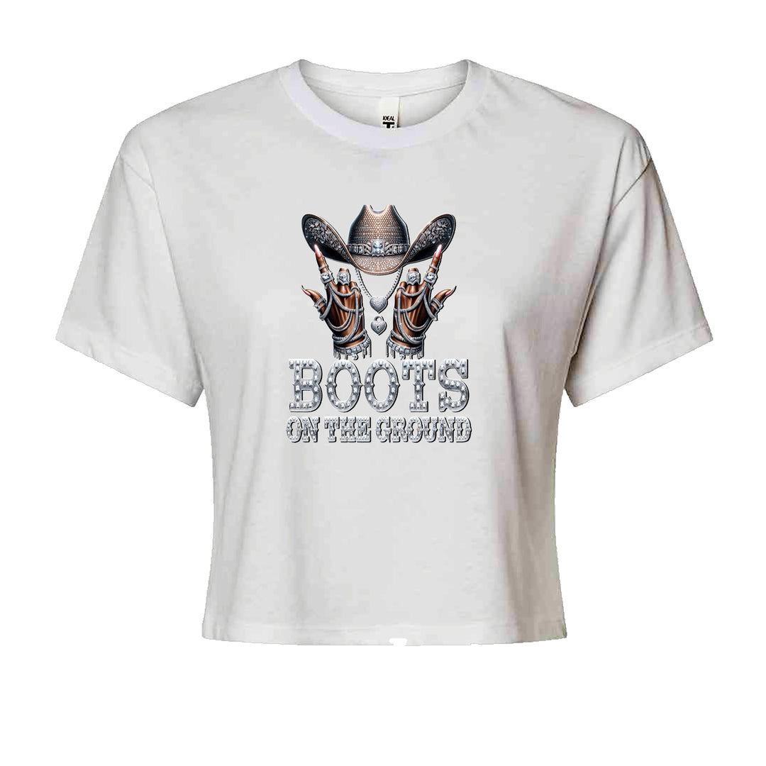 Boots On The Ground Bling Cropped T-Shirt White
