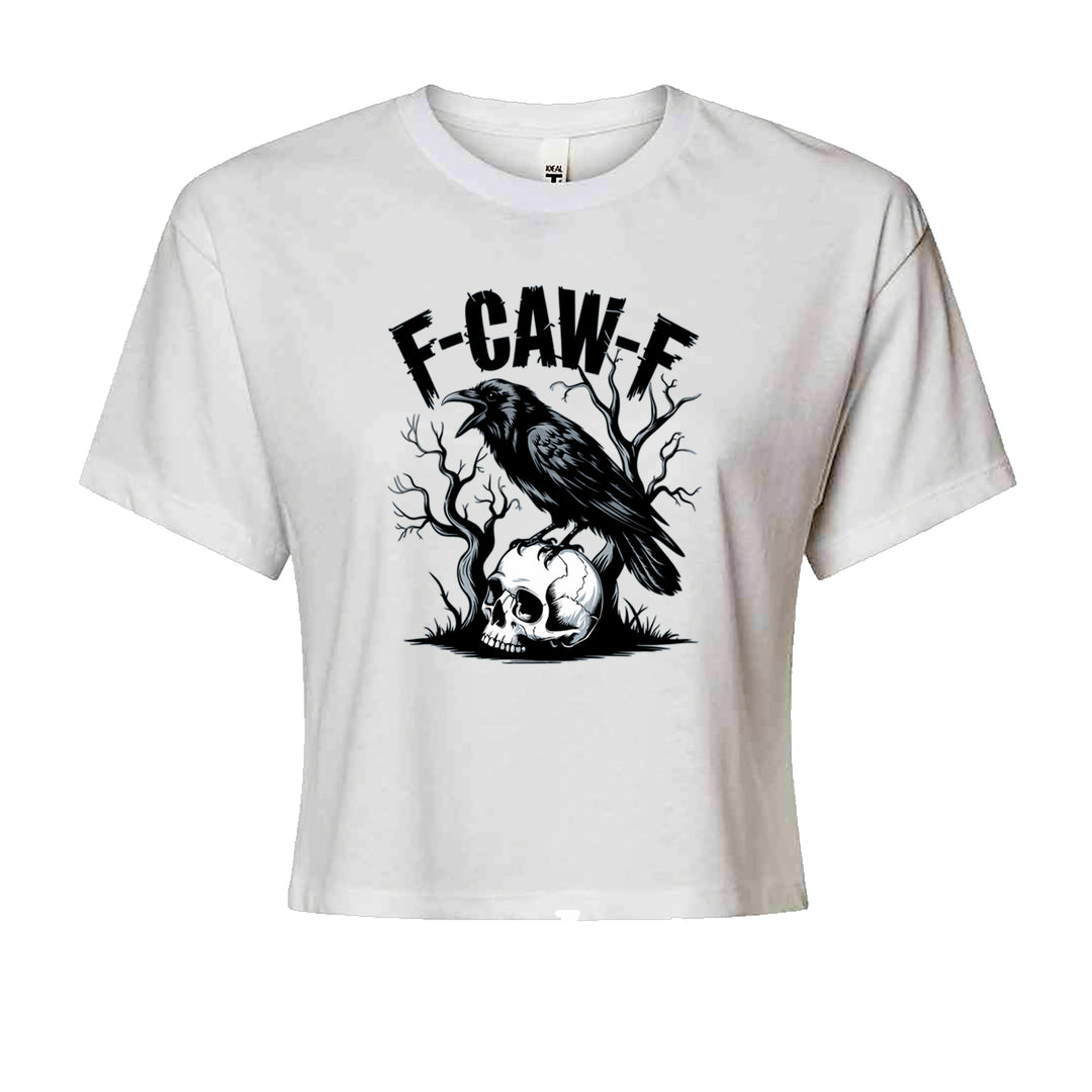 F-Caw-F Crow On Skull F-ck Off Gothic Cropped T-Shirt White