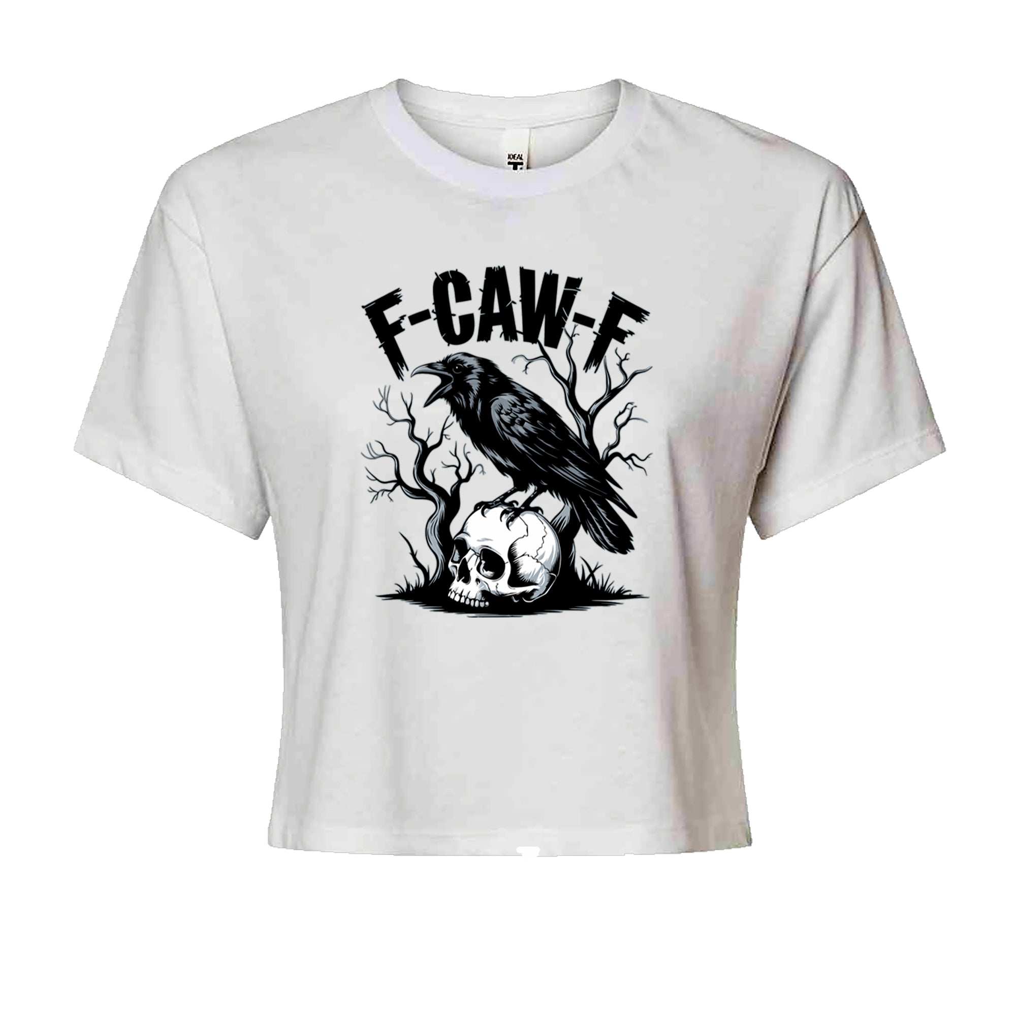 F-Caw-F Crow On Skull F-ck Off Gothic Cropped T-Shirt White