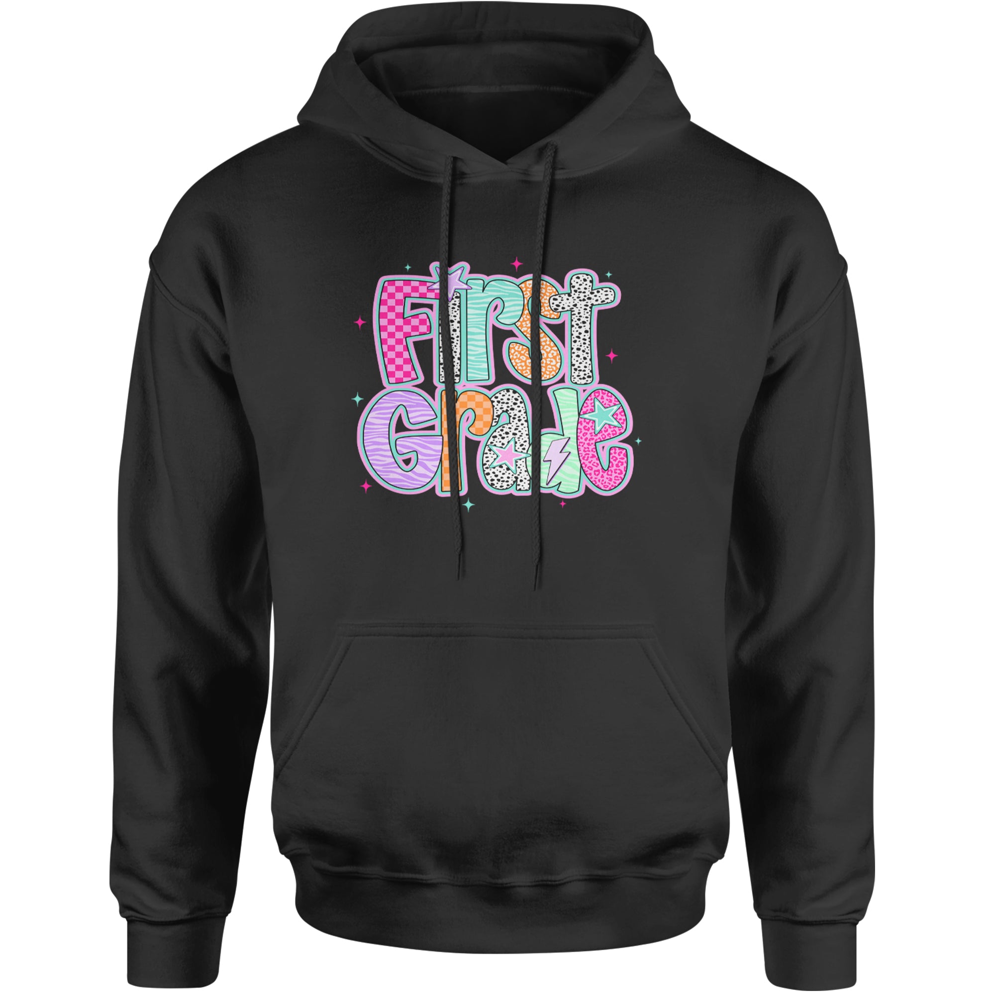 First Grade Vibes Colorful Back to School Adult Hoodie Sweatshirt Black