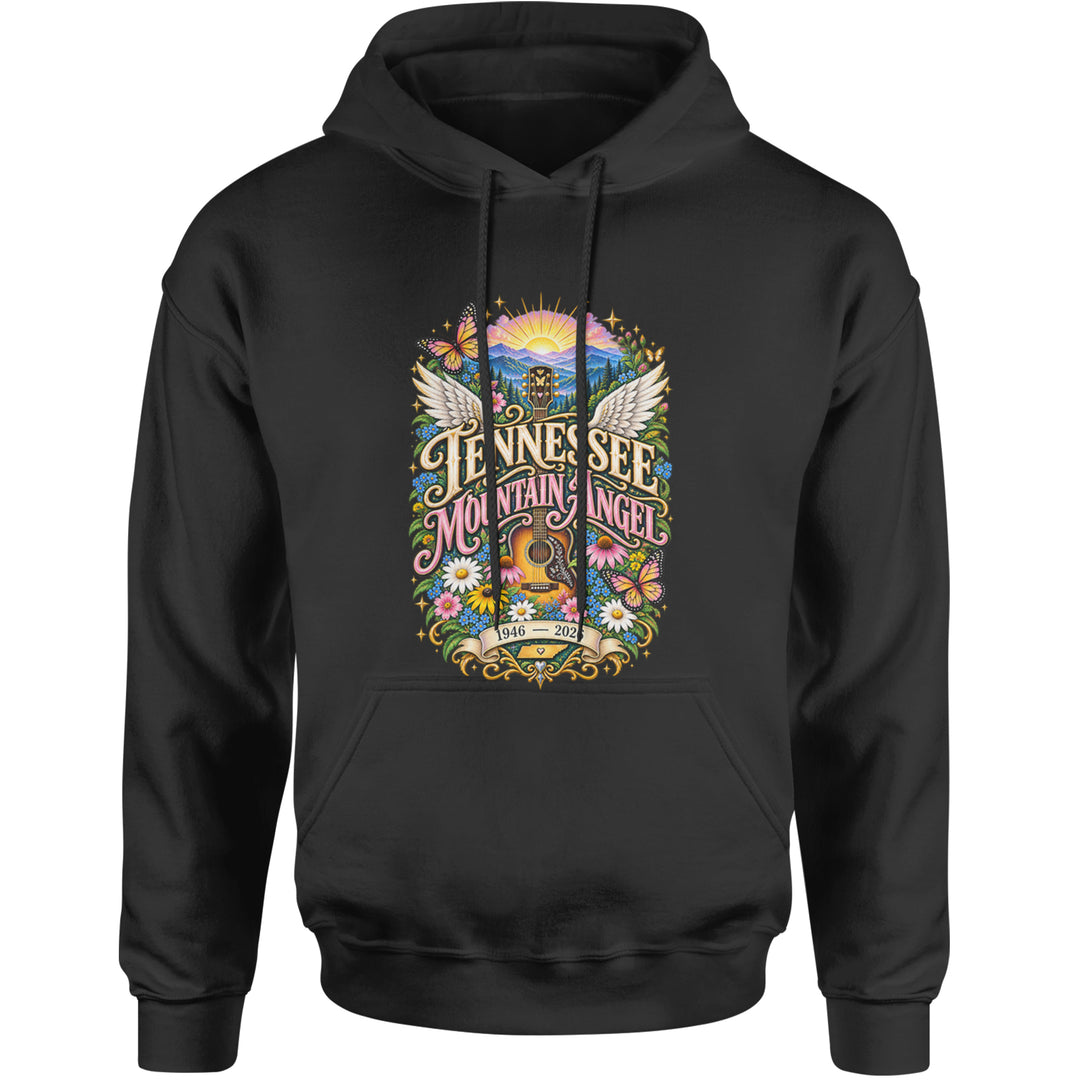 Tennessee Mountain Angel Wings Dolly Adult Hoodie Sweatshirt Black