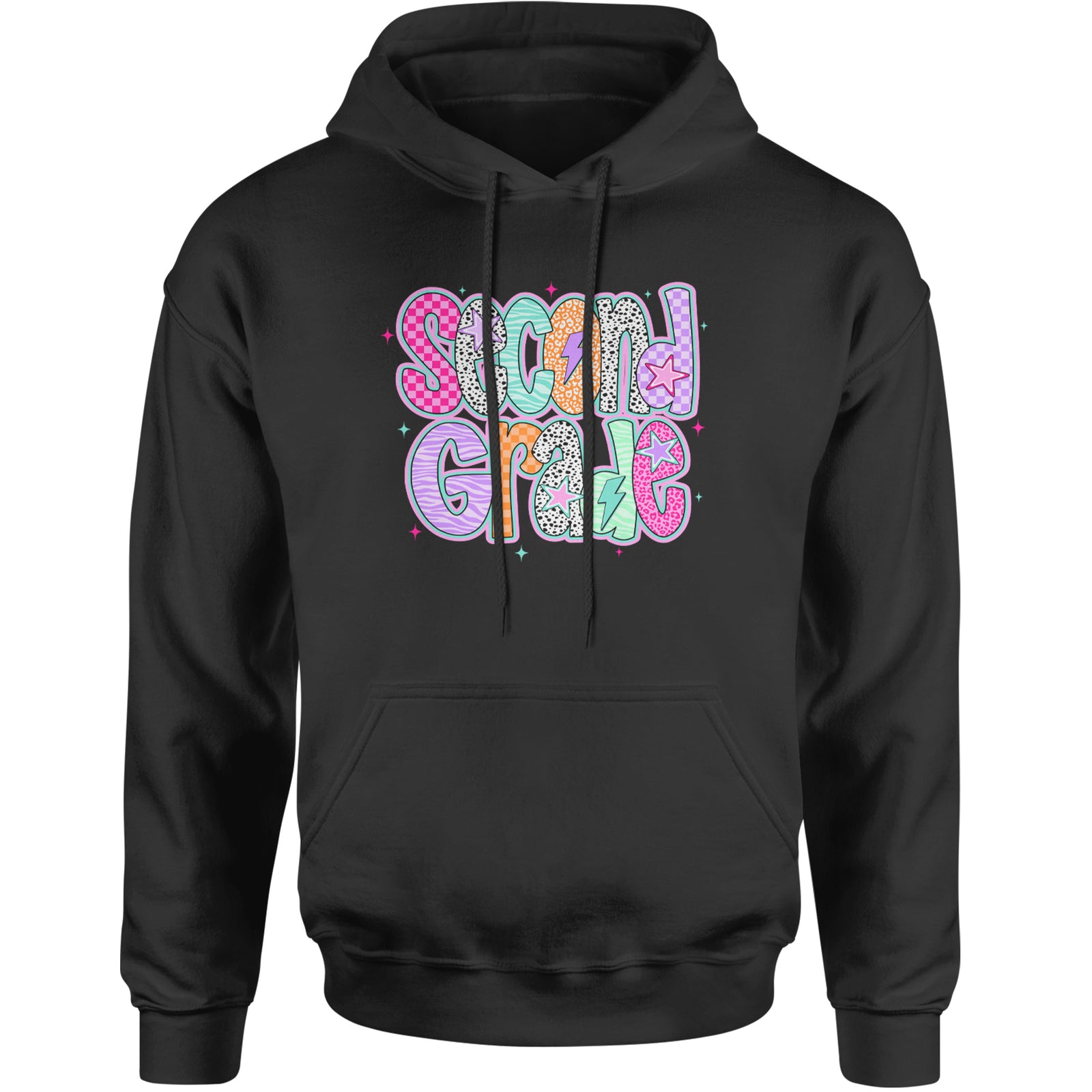 Second Grade Star Colorful Back to School Adult Hoodie Sweatshirt Black
