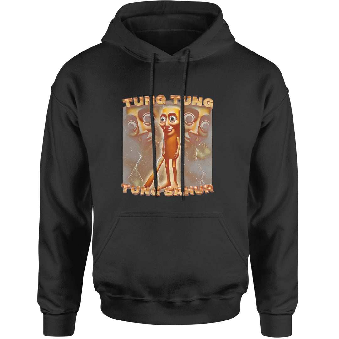Spooky-funny enforcer character with repeated "TUNG TUNG TUNG SAHUR" chant text on a unisex heavyweight fleece pullover hoodie