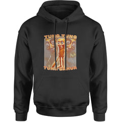 Spooky-funny enforcer character with repeated "TUNG TUNG TUNG SAHUR" chant text on a unisex heavyweight fleece pullover hoodie