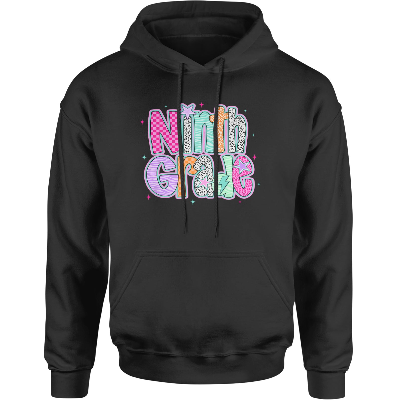 Ninth Grade Freshman Vibes Colorful Back to School Adult Hoodie Sweatshirt Black