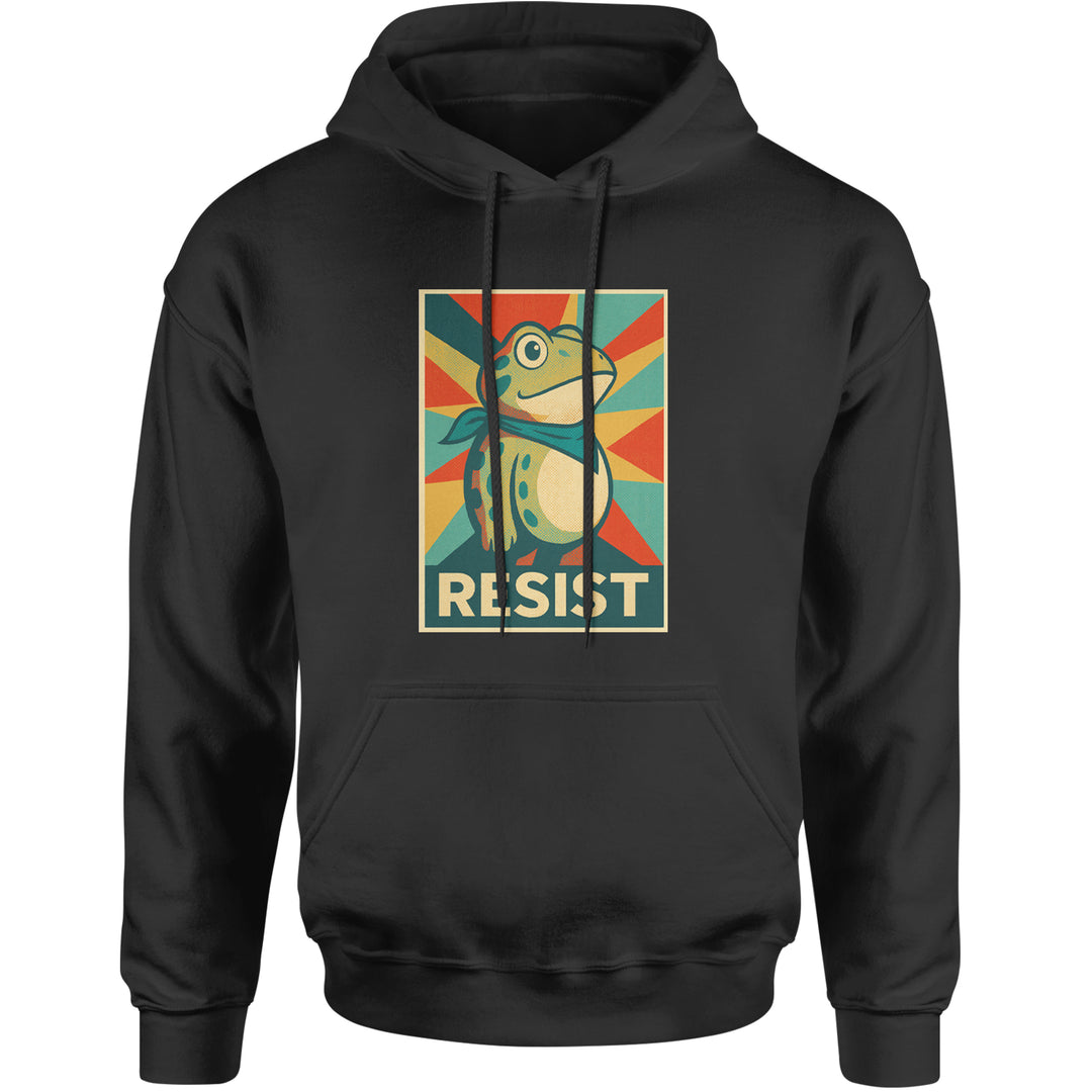Spotted protest frog poster-style artwork with "RESIST" on a unisex heavyweight fleece pullover hoodie
