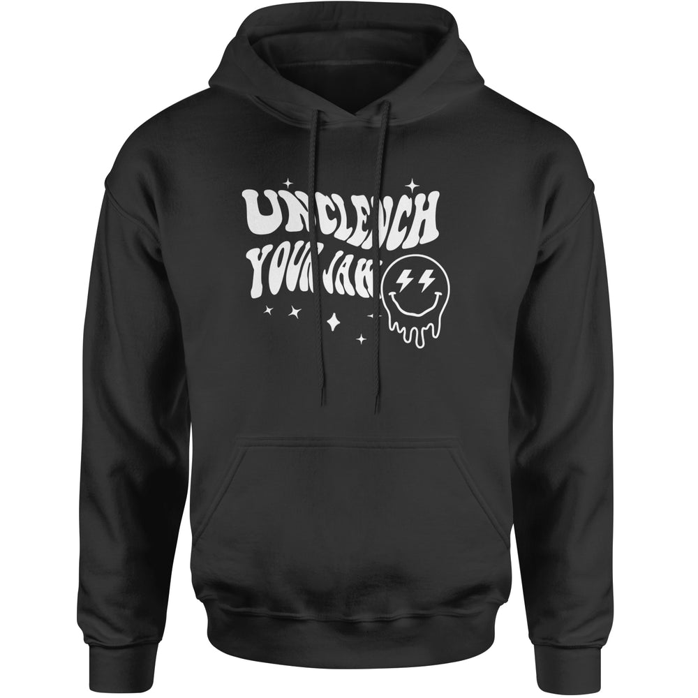 Unclench Your Jaw Festival Rave EDM graphic on Unisex Heavyweight Fleece Pullover Hoodie in Black