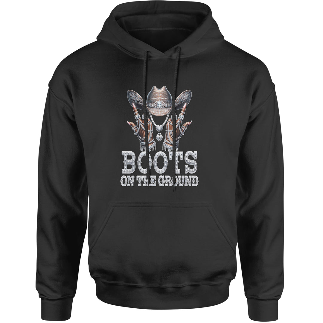 Unisex heavyweight fleece pullover hoodie with "BOOTS ON THE GROUND" bling cowgirl hat and iced-out jewelry style artwork