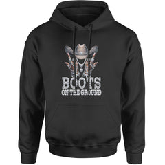 Unisex heavyweight fleece pullover hoodie with "BOOTS ON THE GROUND" bling cowgirl hat and iced-out jewelry style artwork